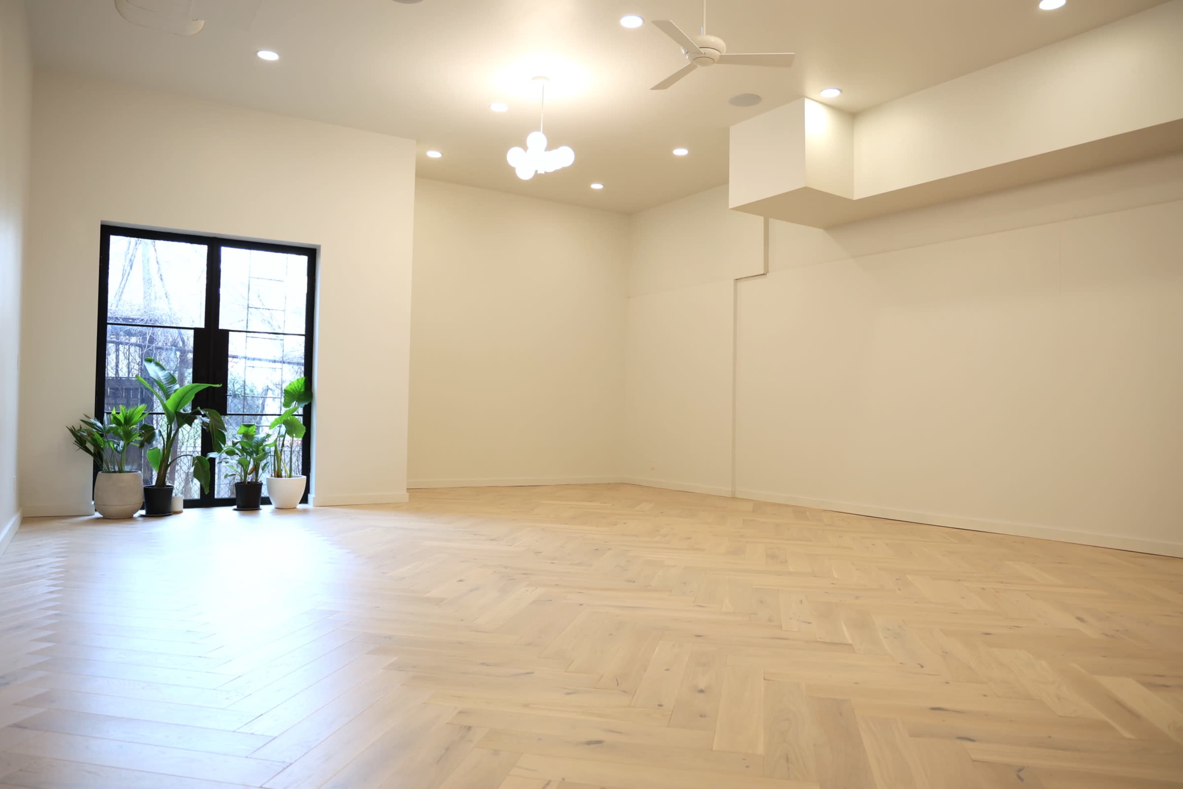A spacious, empty room with wooden flooring, a large window, and several potted plants.