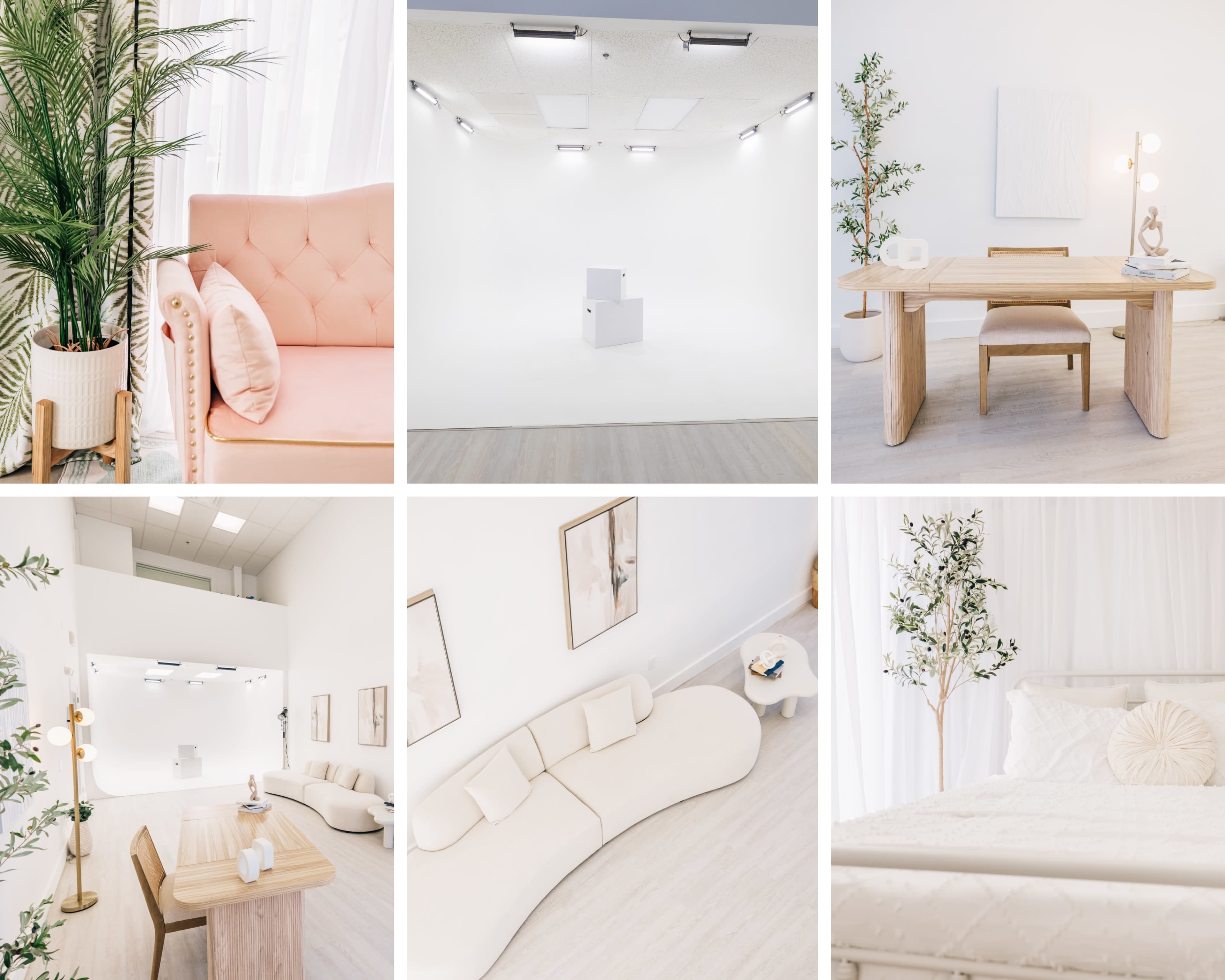 The image features a collection of minimalist interior scenes showcasing various white-walled spaces, including a living area with a pink couch, an empty studio, a wooden table setting, and a cozy bedroom with a white bed.