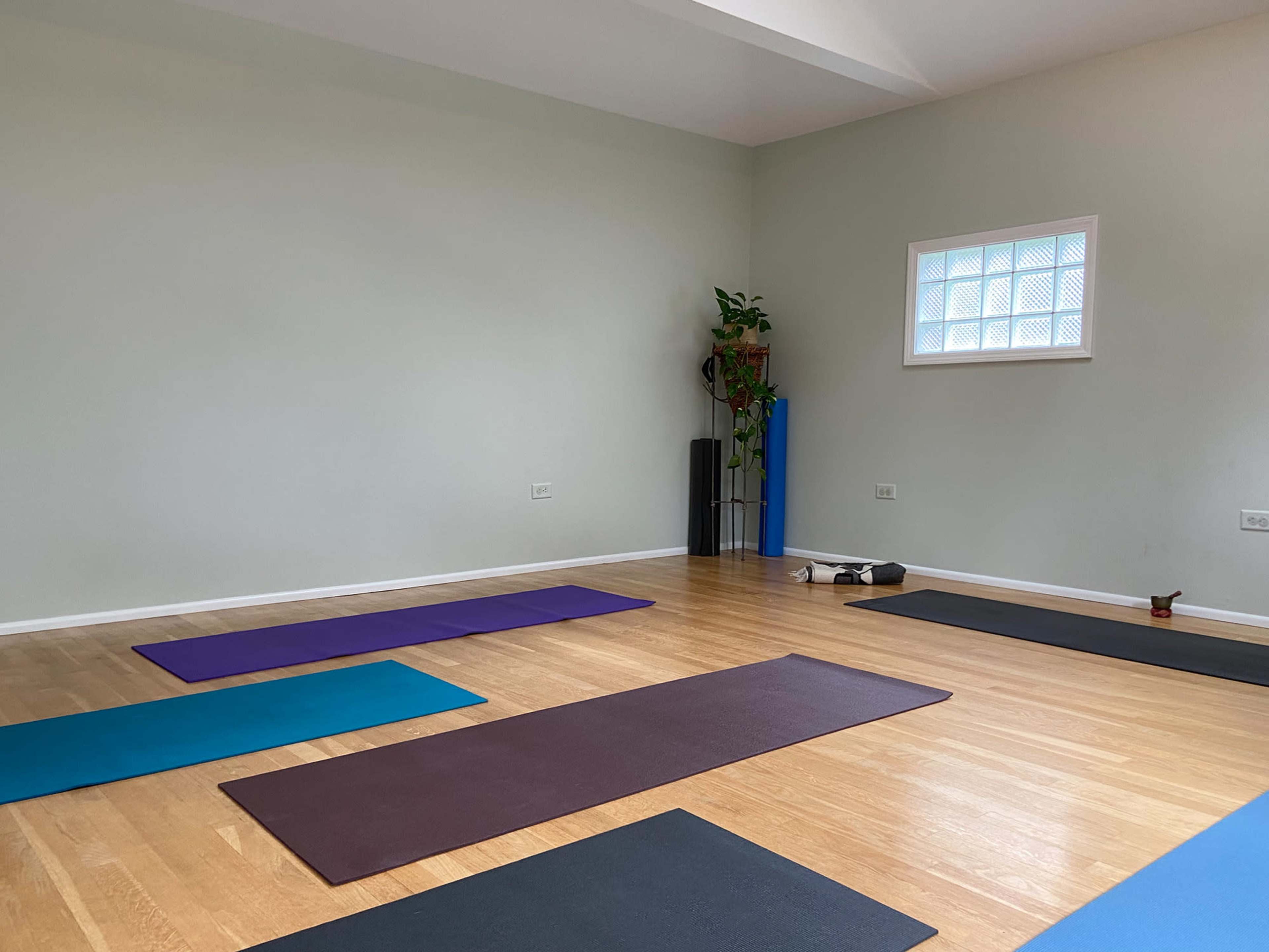 A spacious yoga studio with several yoga mats placed on a wooden floor, accompanied by a small plant and some fitness equipment in the corner.