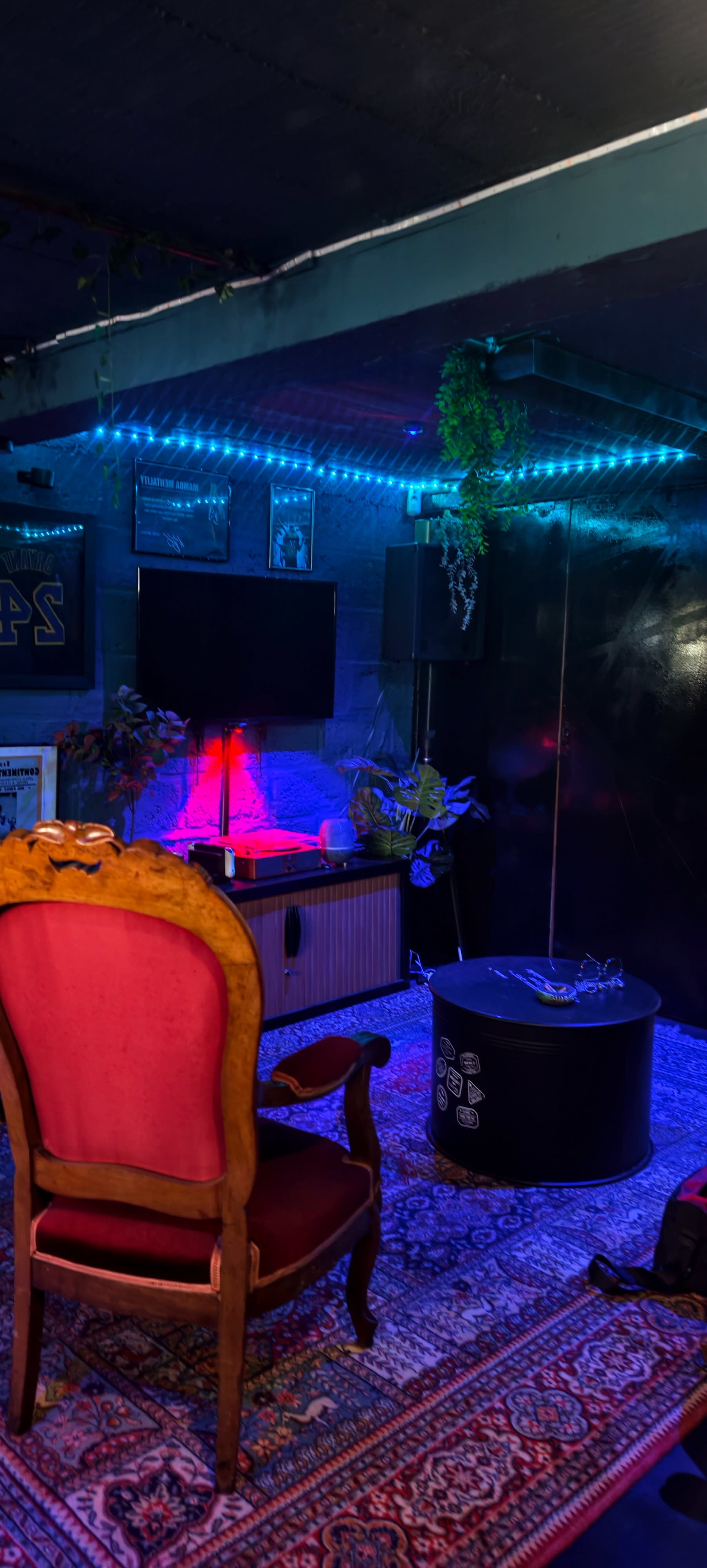 The image shows a dimly lit room with a vintage red chair, a low black table, a wall-mounted TV, and decorative plants under blue and purple lighting.