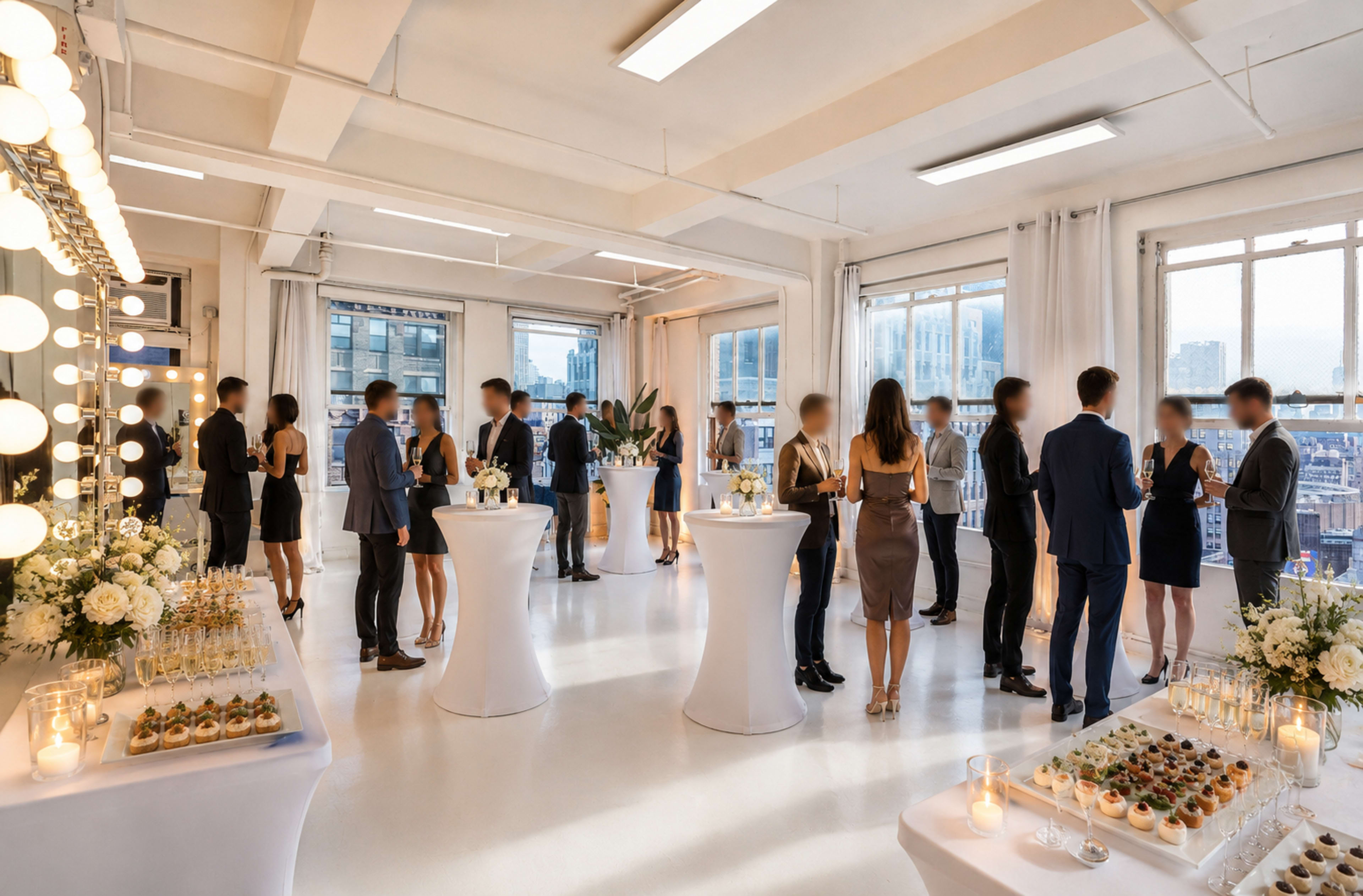 A group of people socialize at a well-decorated indoor event space with large windows and elegant table settings featuring food and floral arrangements.