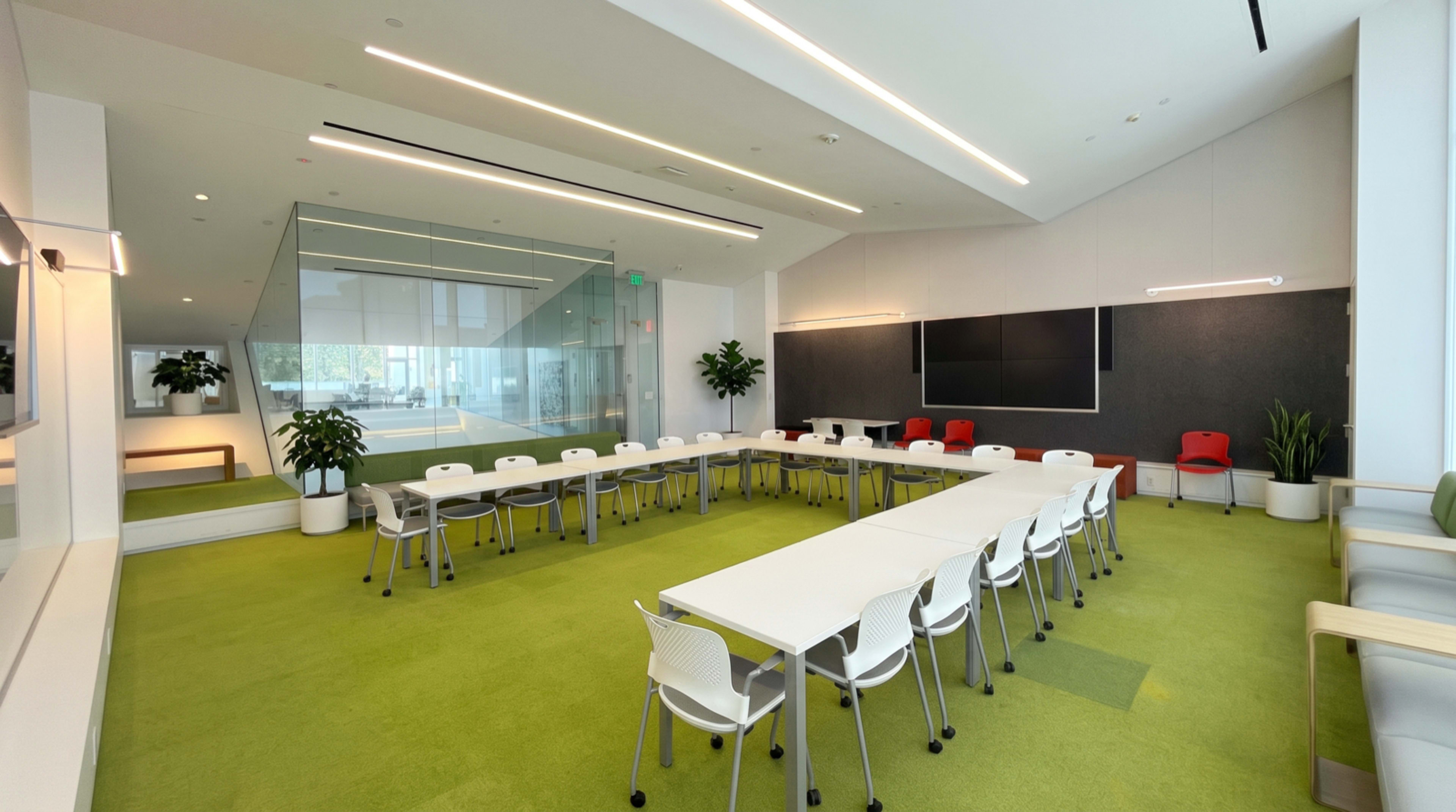 The image shows a modern conference room with a long, rectangular table surrounded by chairs, green carpet, and large windows.
