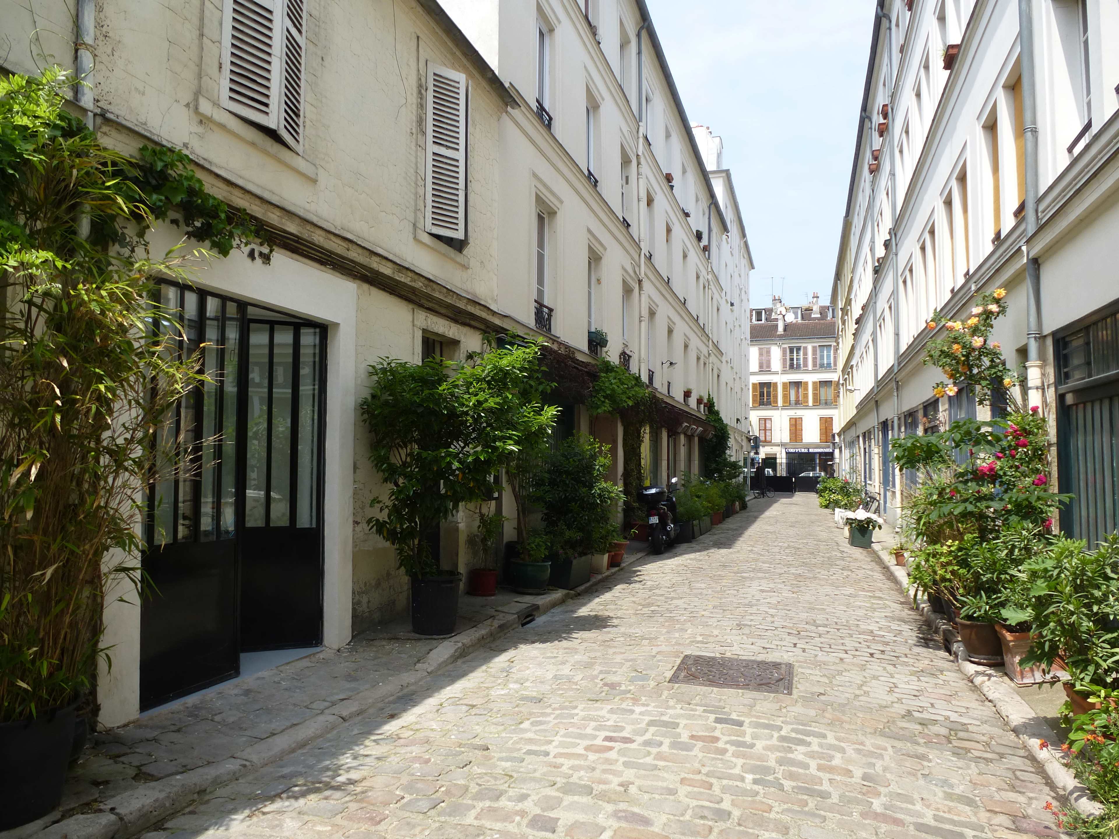 The image shows a narrow cobblestone alley lined with potted plants and small buildings in an urban setting.