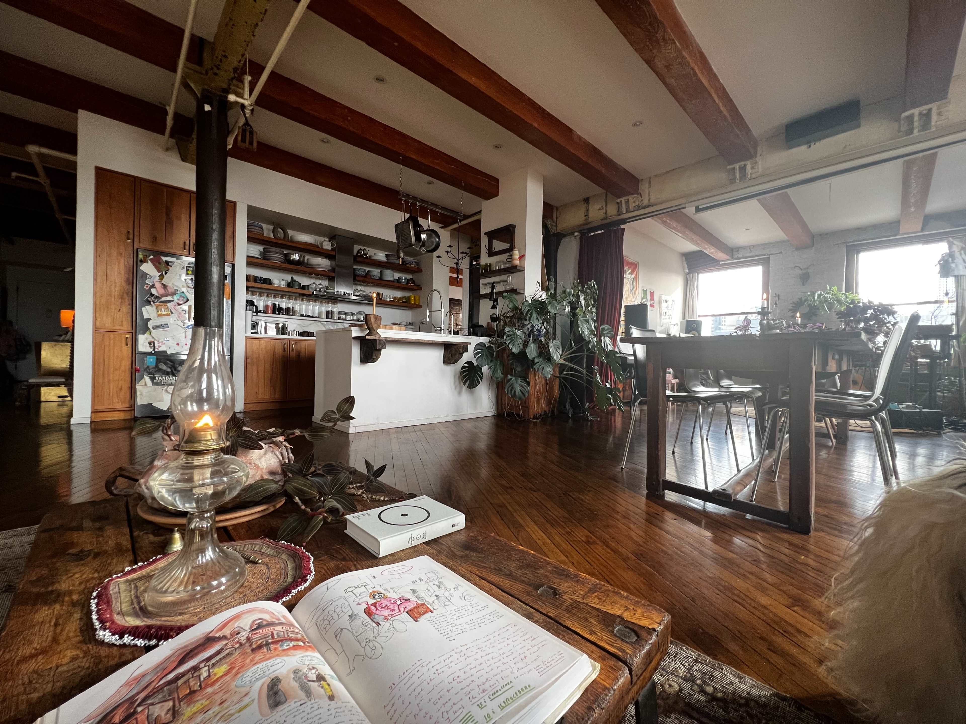 A cozy living space features wooden beams, a well-lit kitchen area, a dining table surrounded by plants, and an open layout with various decor items.