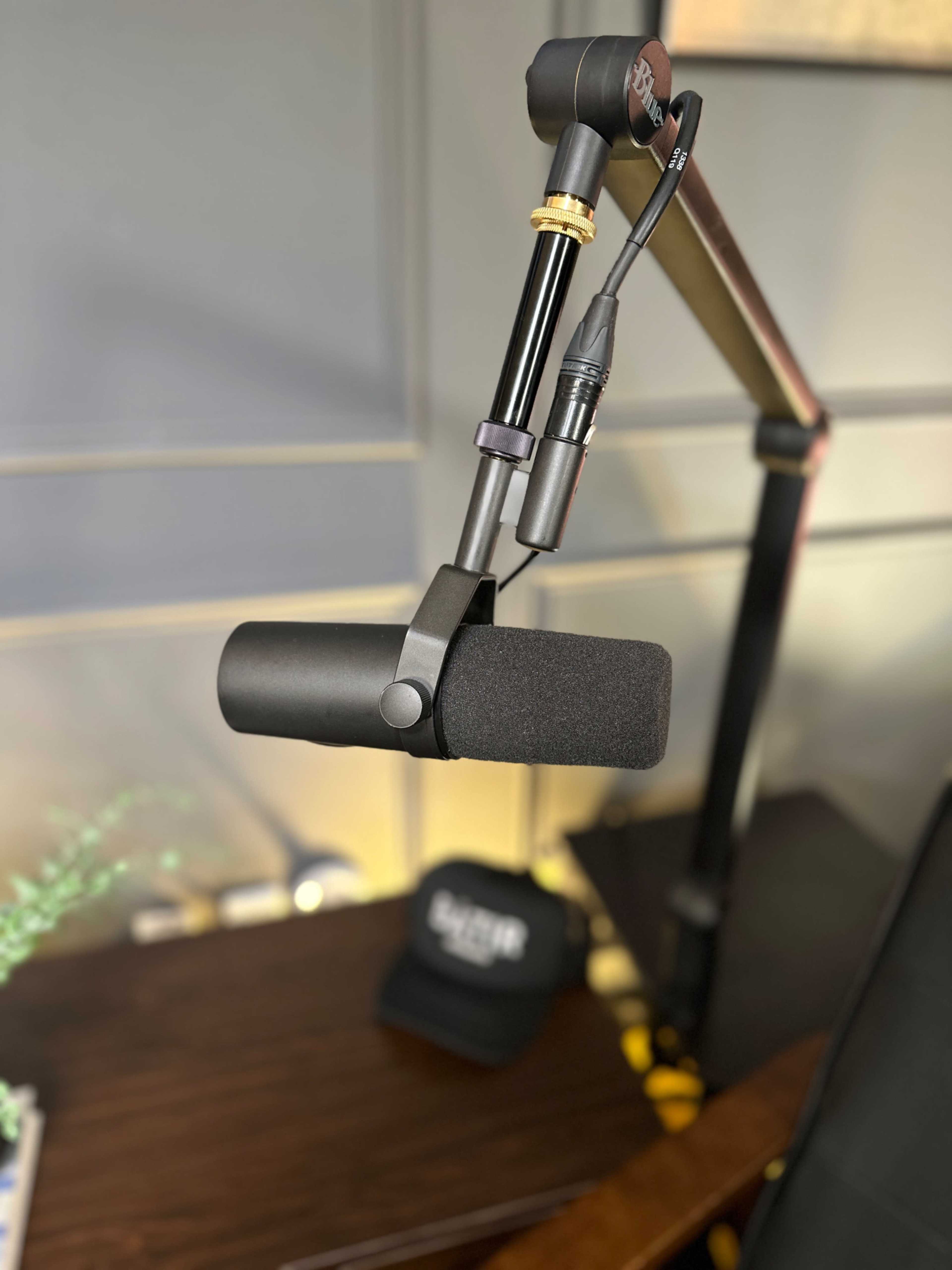 A microphone is mounted on an adjustable arm above a wooden surface, with a cap placed on the surface nearby.