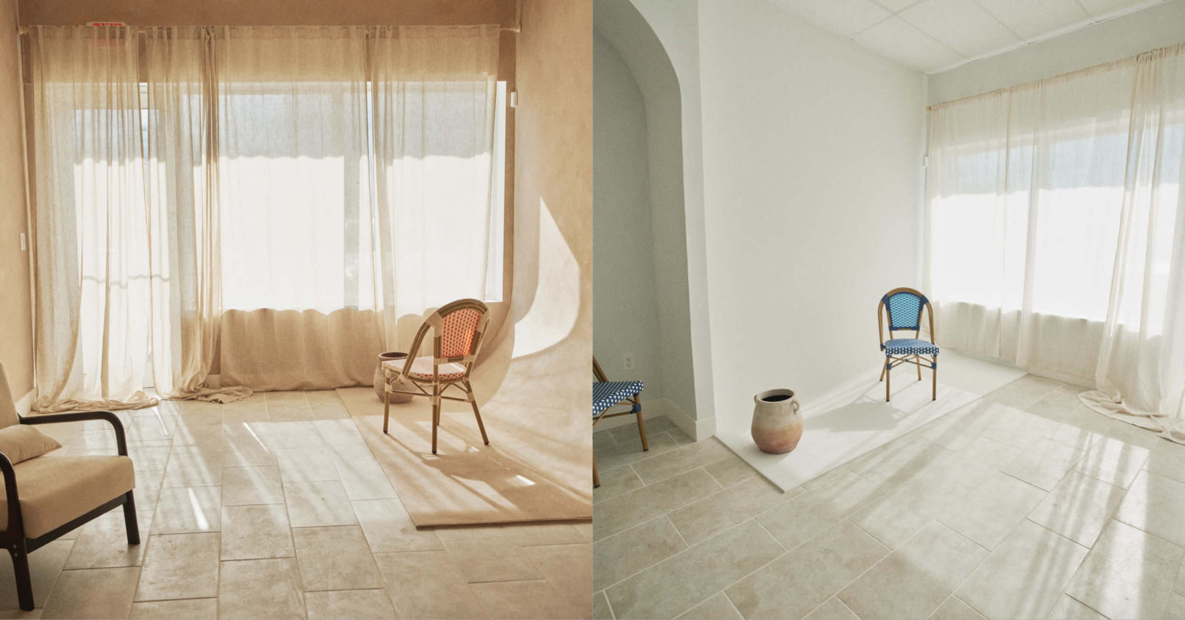 The image features two rooms with large windows draped in light fabric, showcasing minimalist decor, including a wooden chair in one and a ceramic pot in the other.