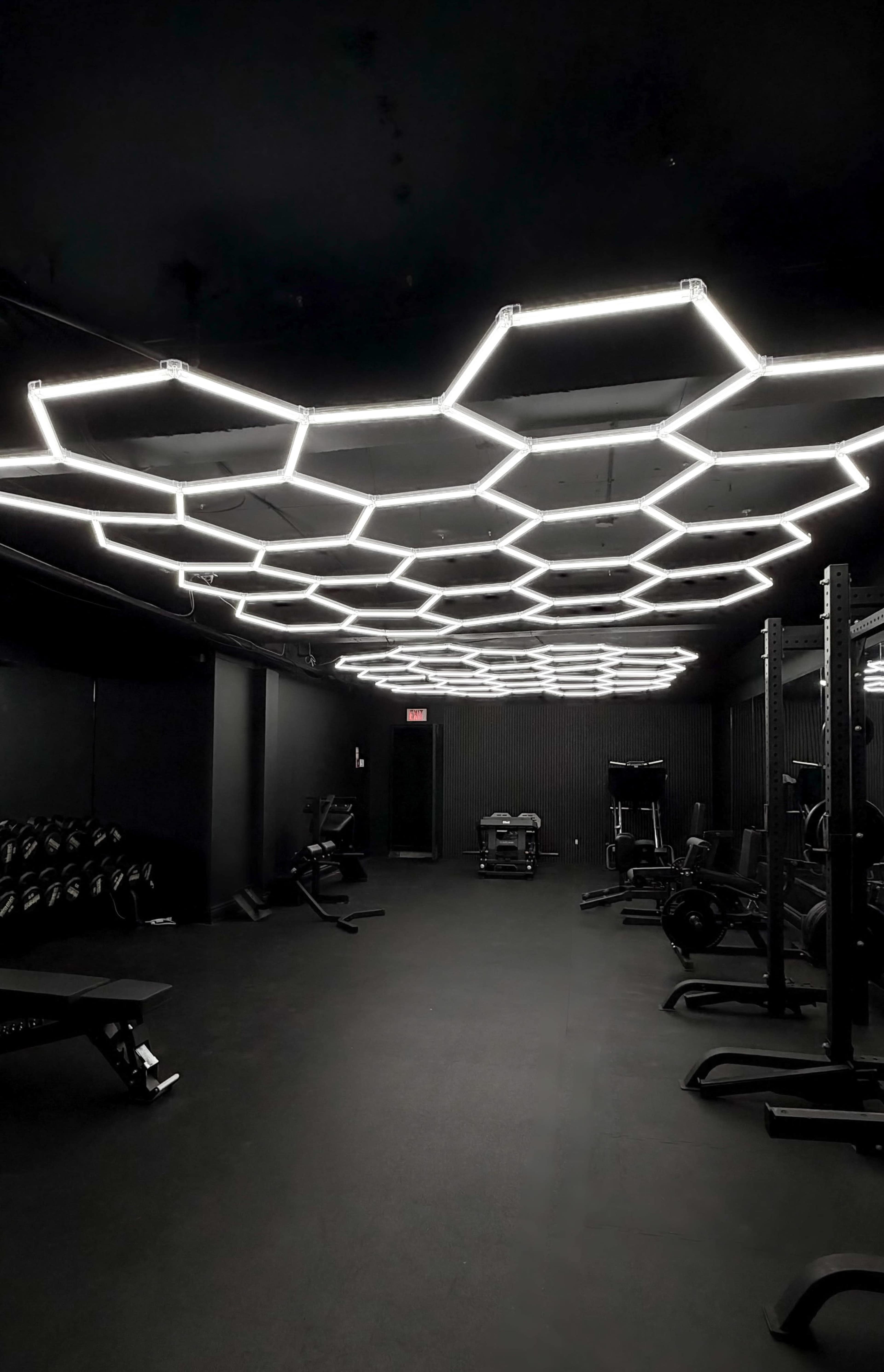 A dimly lit gym features a hexagon-patterned fluorescent light ceiling and various weightlifting equipment arranged along the walls.