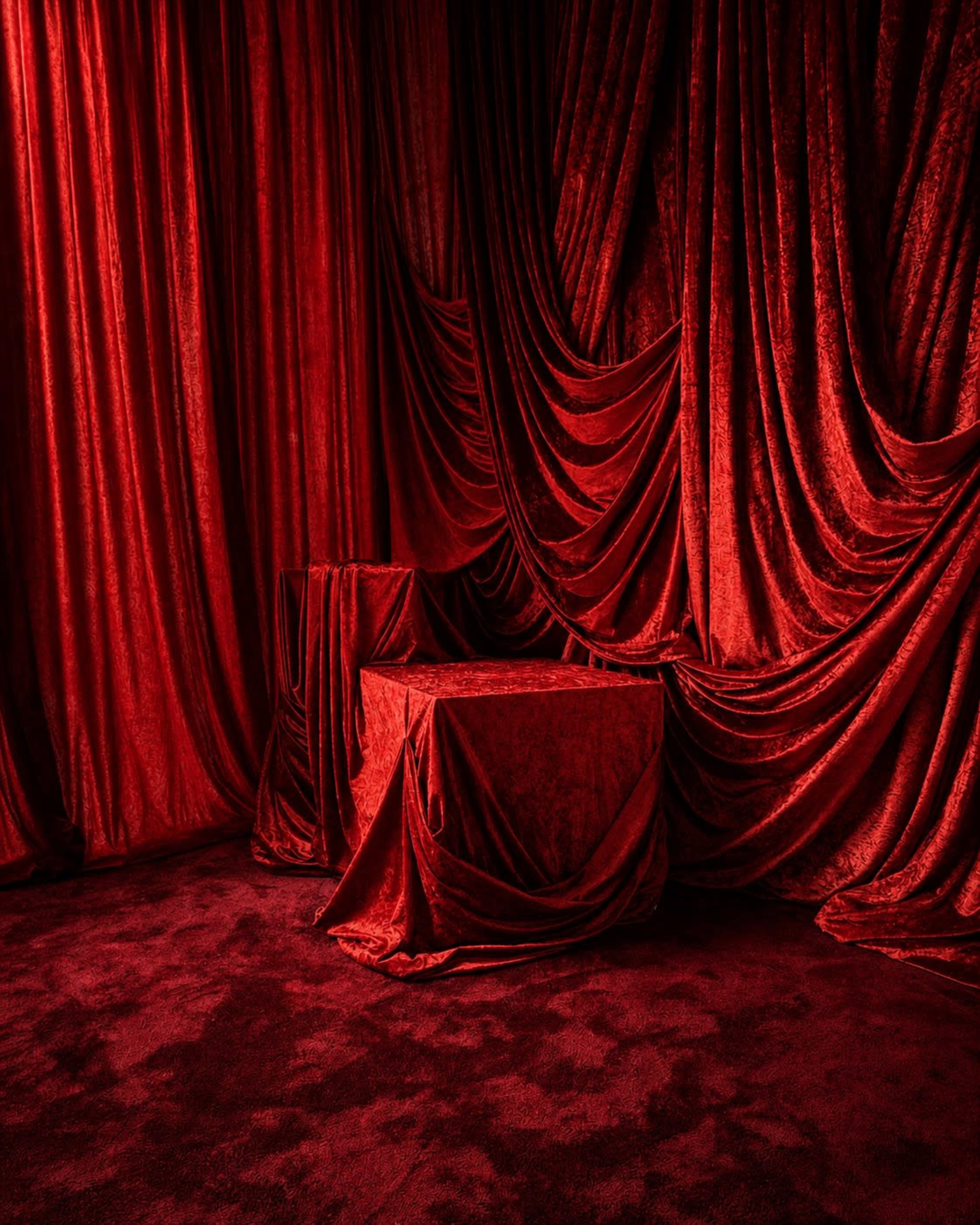 The image features a room draped in rich red fabric, with neatly arranged cloth covering a table and the walls.