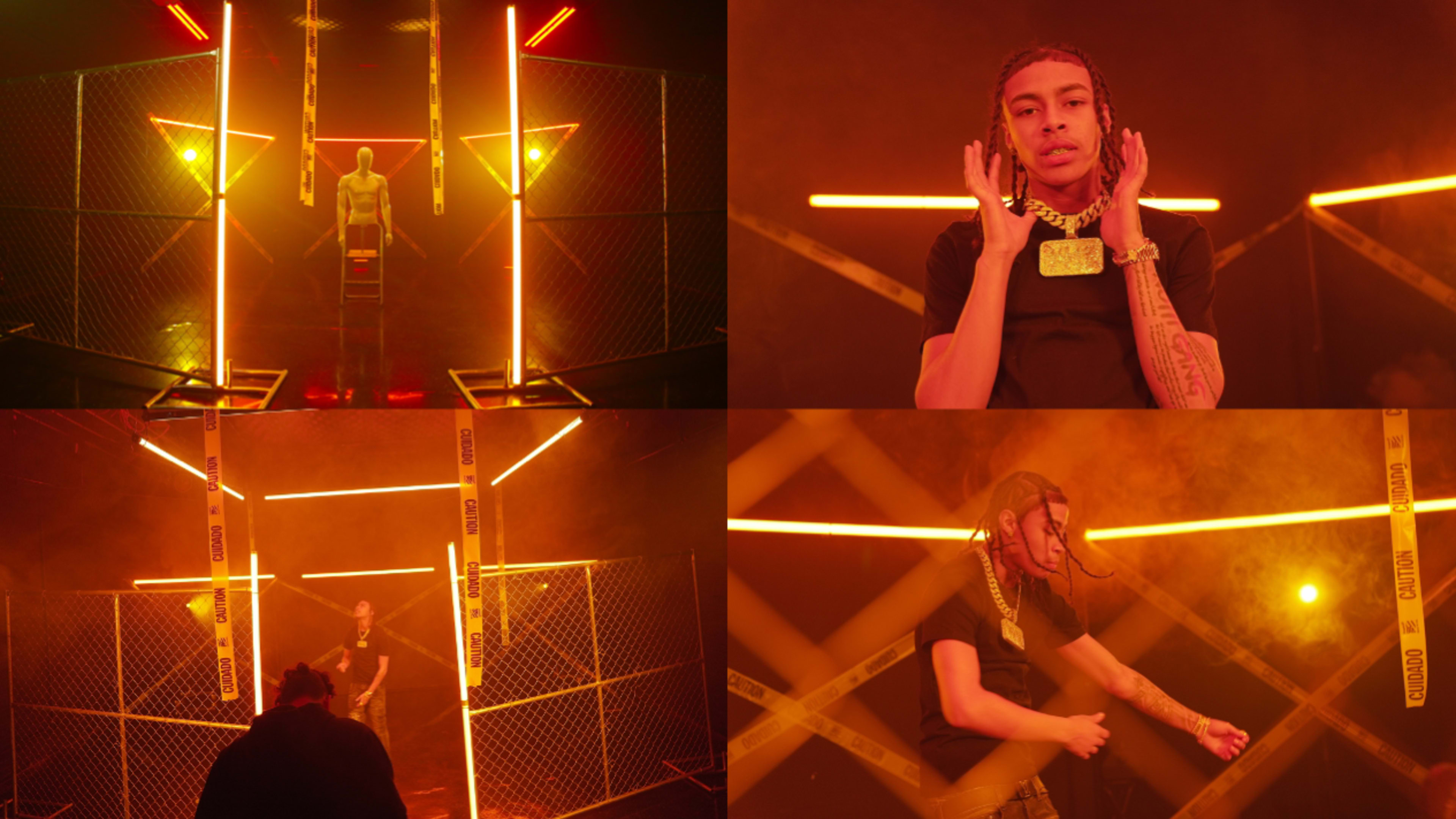Four panels of a stylized music video scene with bright orange lights, a fenced enclosure, and two individuals performing.