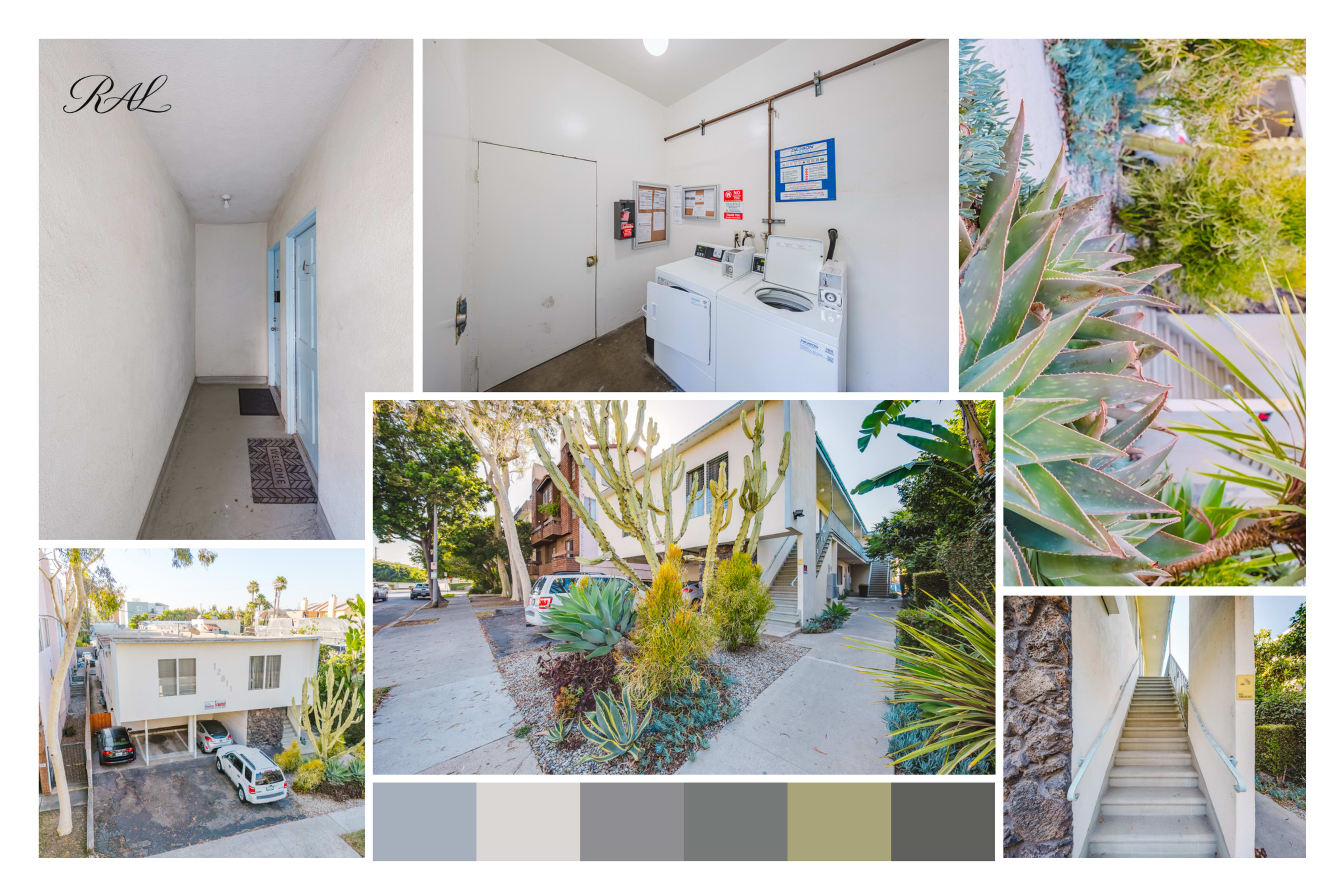 The image showcases a collage of a residential building and its surroundings, featuring an entrance hallway, laundry room with machines, a landscaped courtyard, and various plants along pathways.