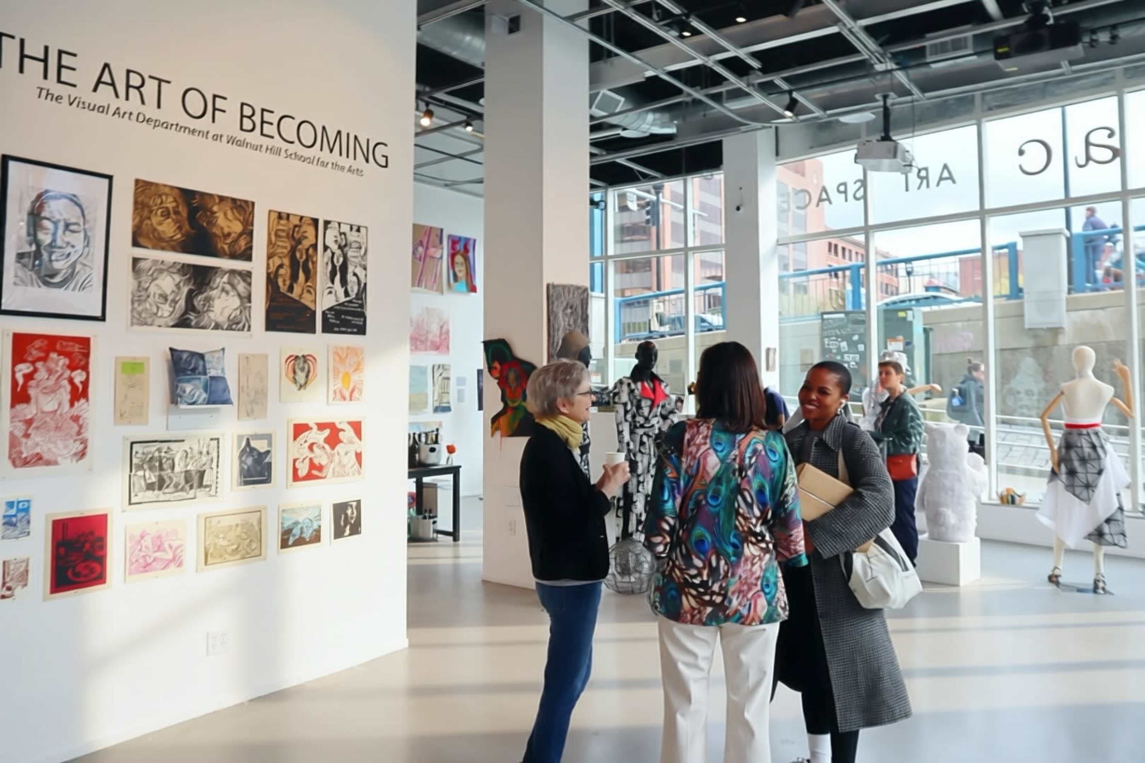 The image depicts an art gallery where visitors converse in front of a wall displaying various artworks, while large windows reveal a view of people outside.