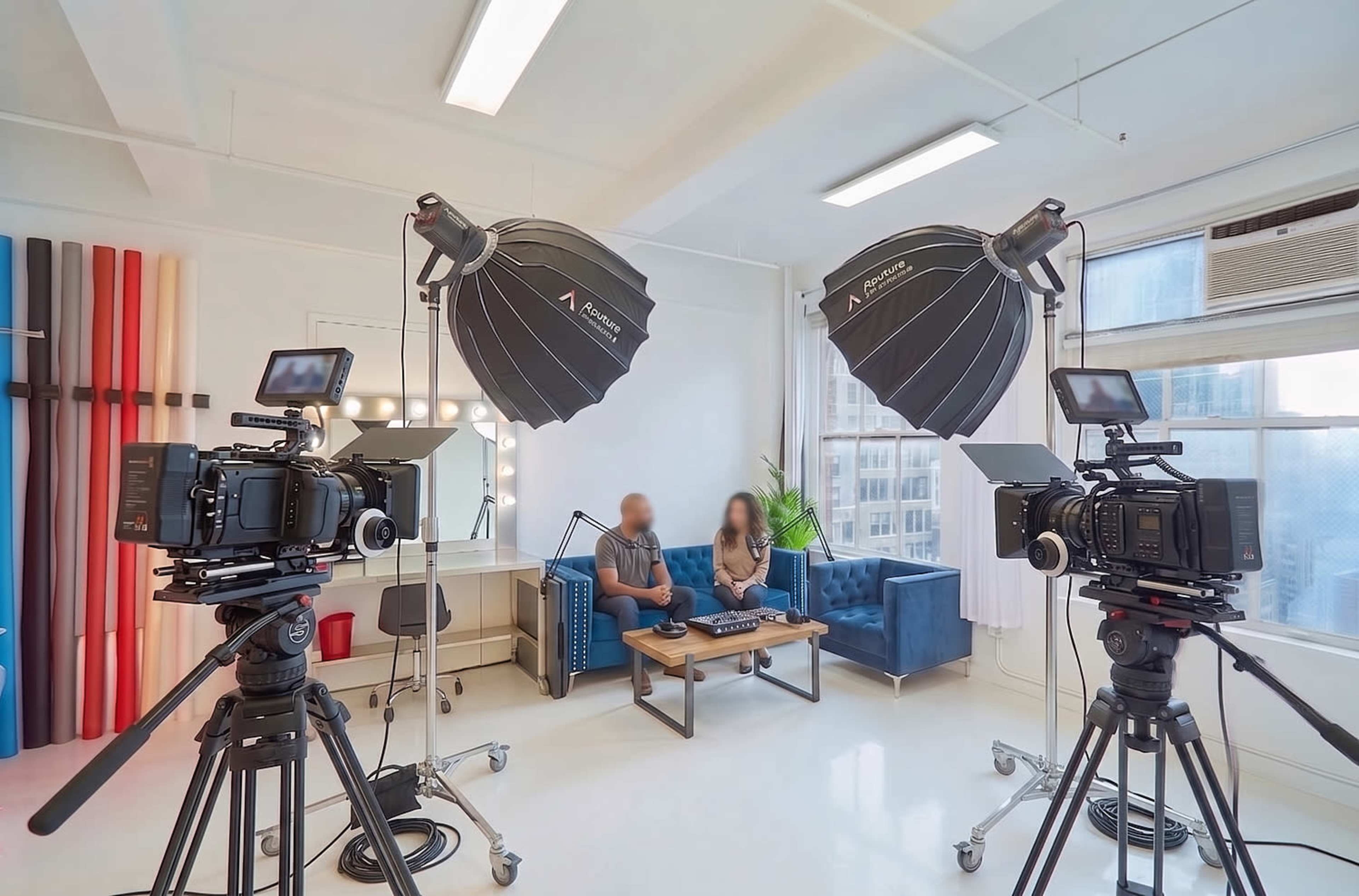 The image shows a bright studio setup with two cameras and large softbox lights focused on two seated individuals at a table, surrounded by colorful backdrops.