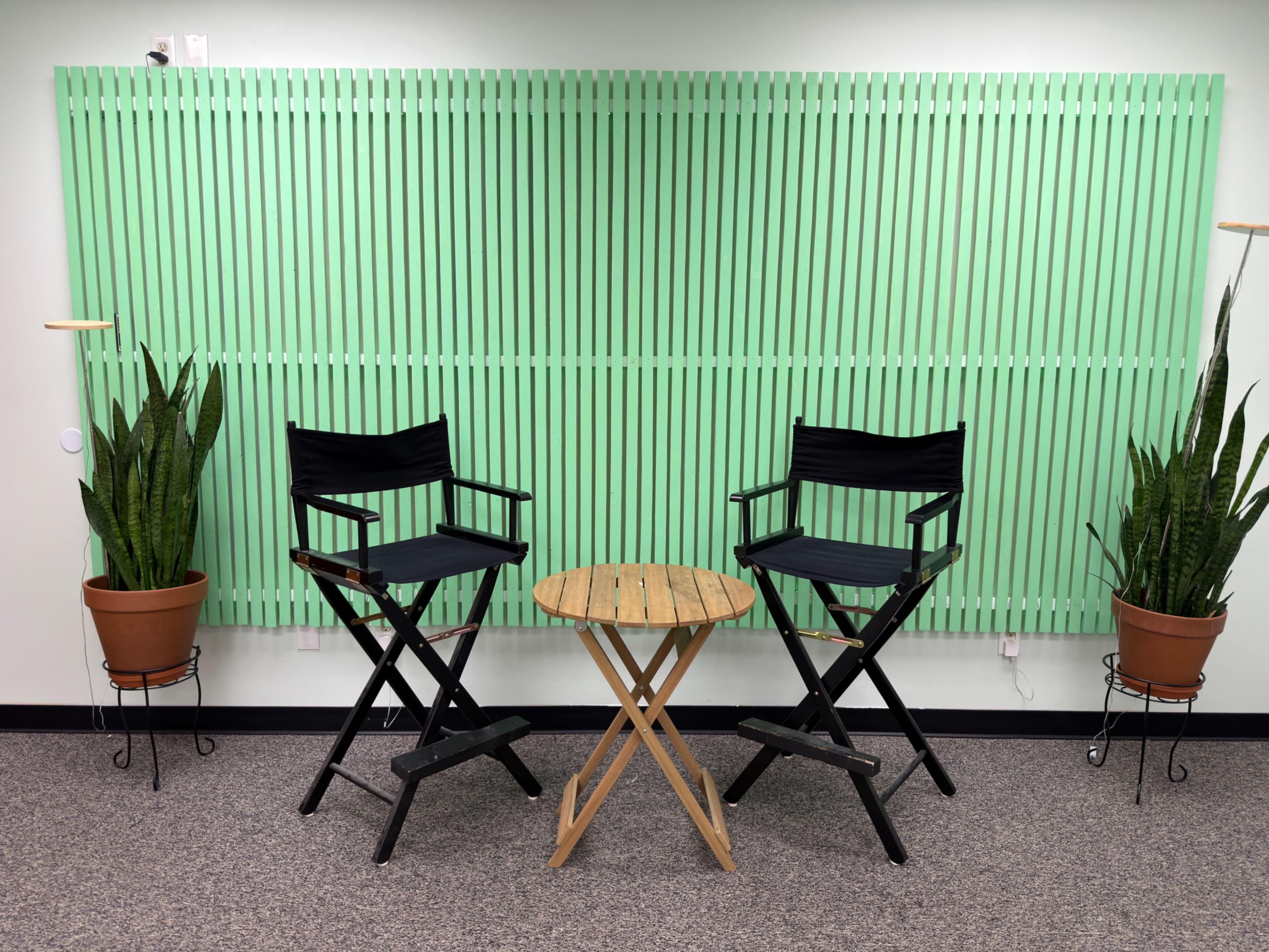 The image shows two black director's chairs facing each other with a small wooden table between them, set against a green slatted wall and flanked by potted plants.