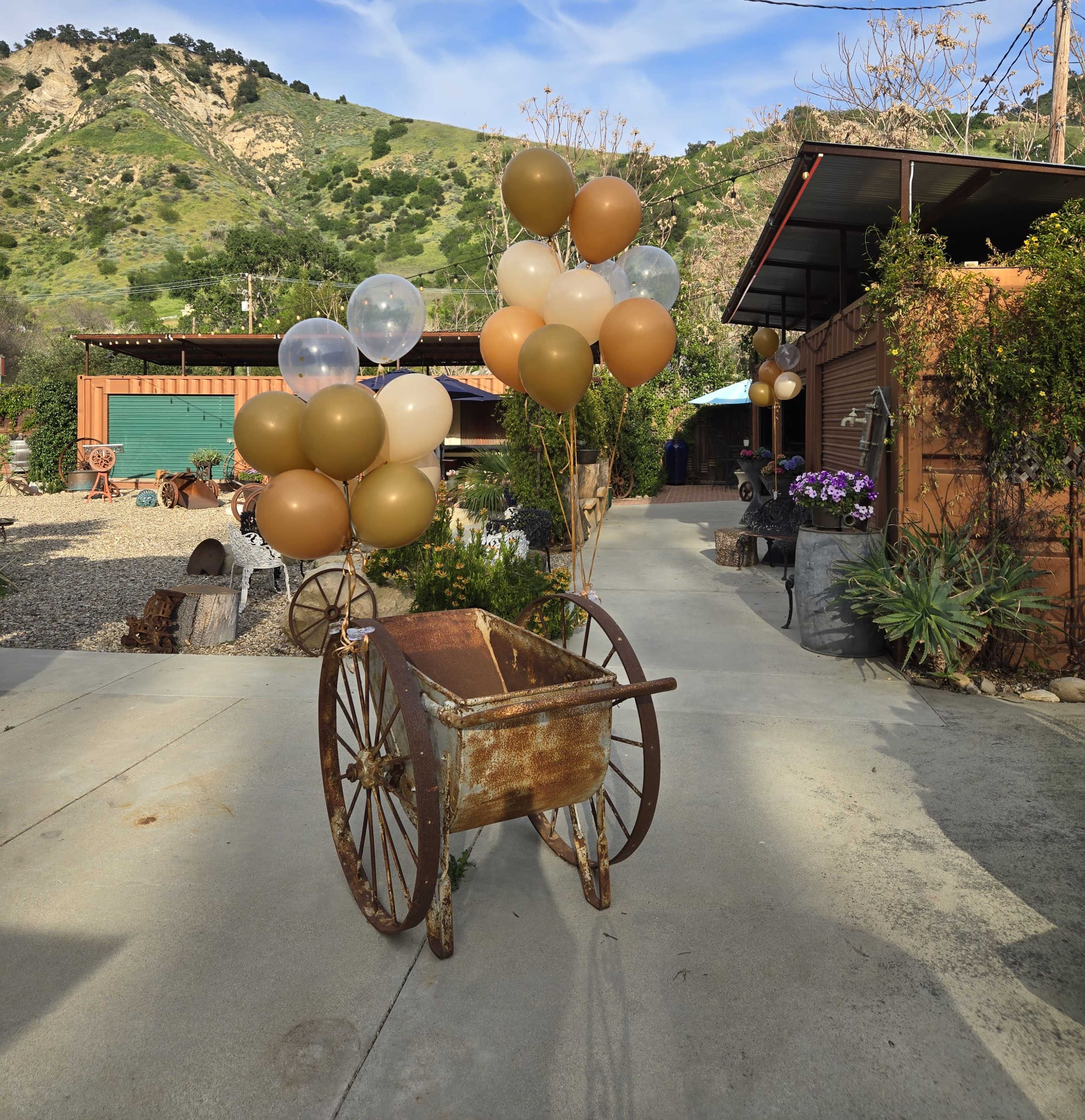 A rusted wheelbarrow with balloons tied to it sits on a concrete path surrounded by greenery and rustic buildings.