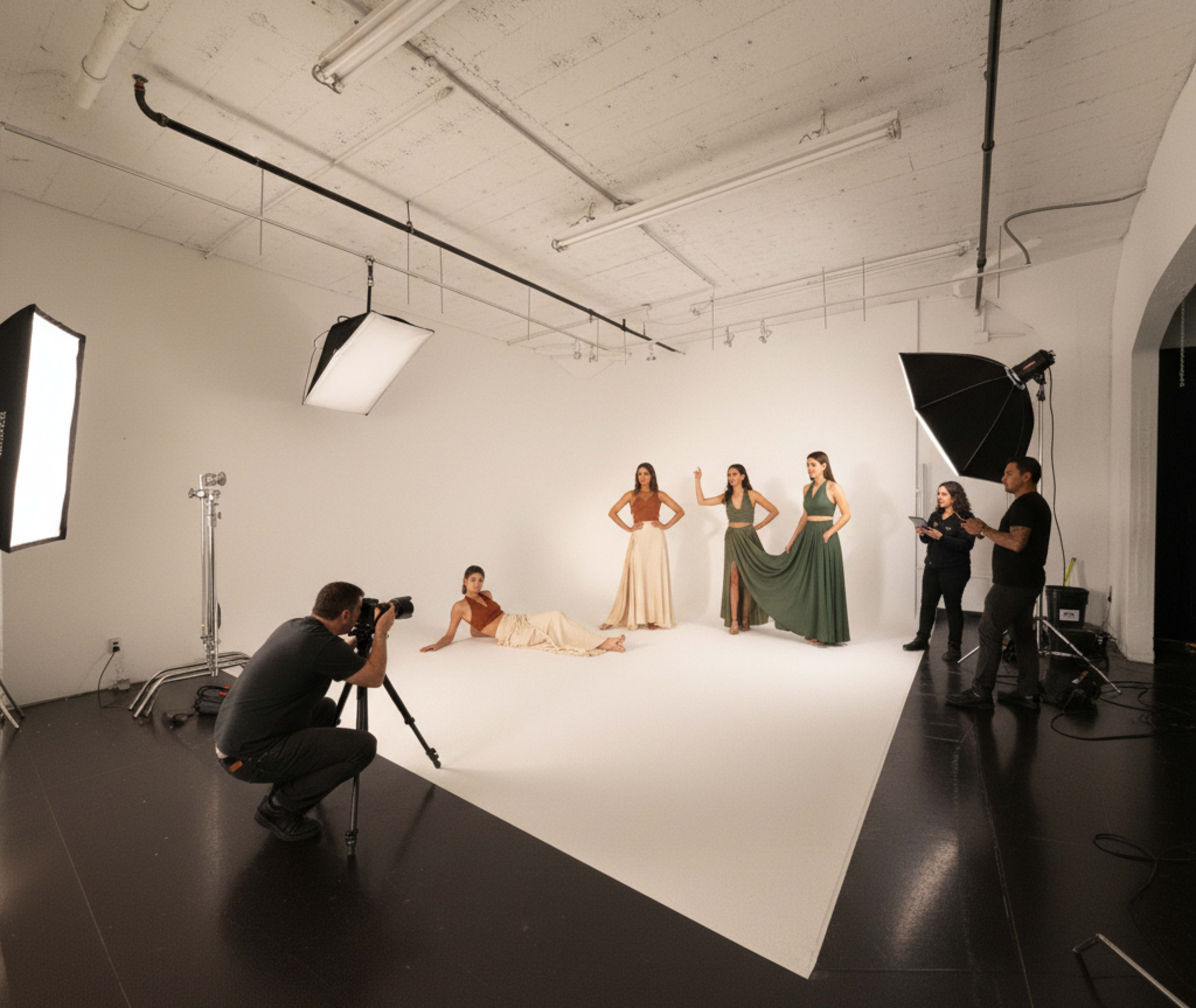 A photographer captures four models posing in elegant dresses in a spacious photography studio with bright lighting.