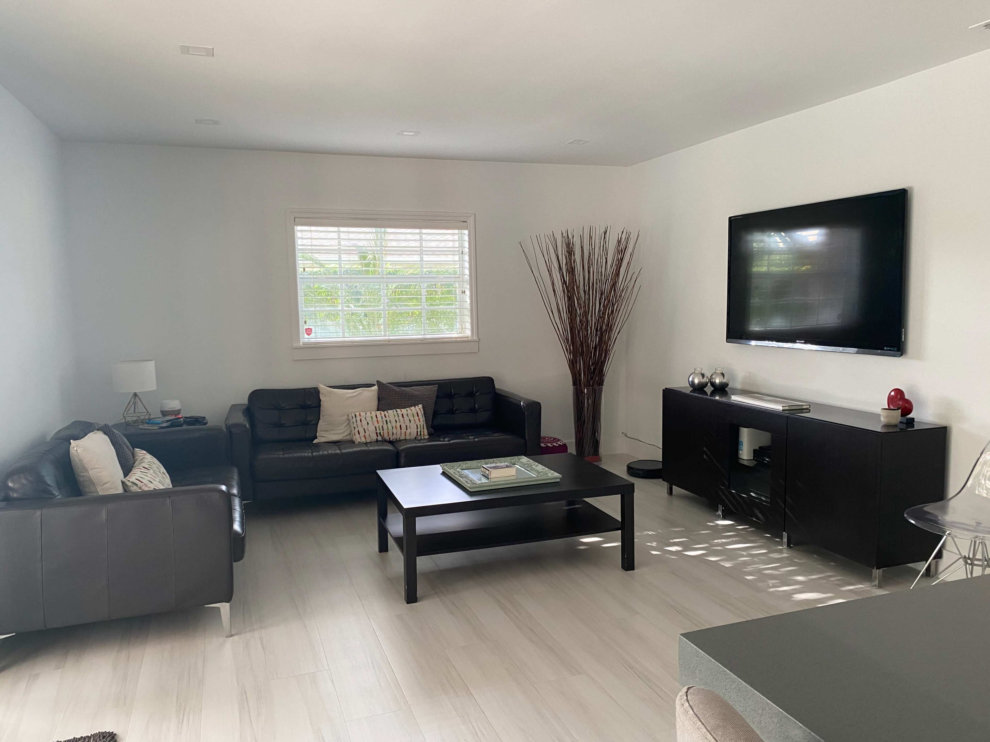 A modern living room with two leather sofas, a coffee table in the center, a large television mounted on the wall, and decorative elements, including a vase with branches.