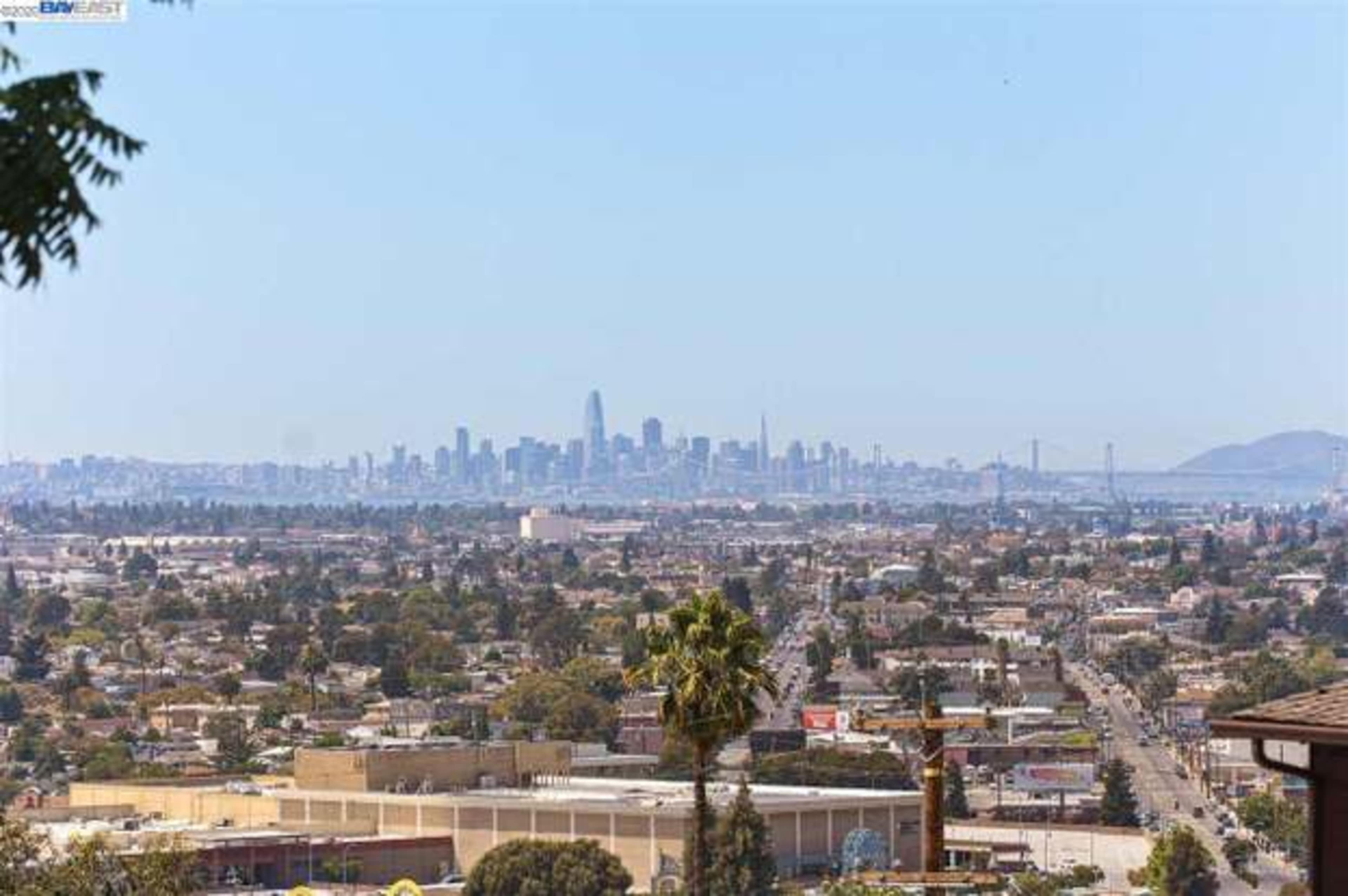 A panoramic view of a city skyline in the distance, with residential areas and trees in the foreground.