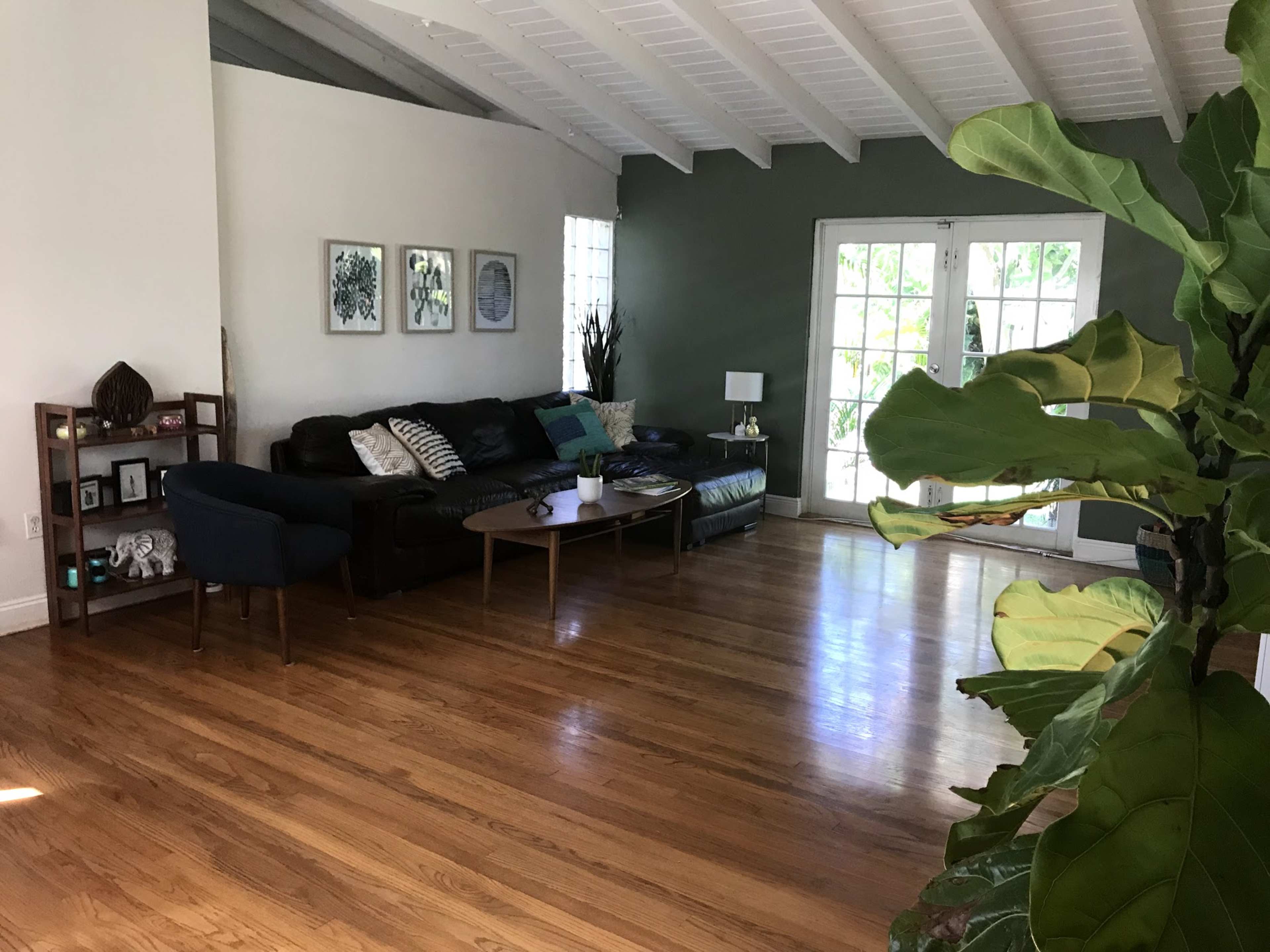 A spacious living room with a black leather sofa, wooden flooring, and large windows leading to an outdoor area.