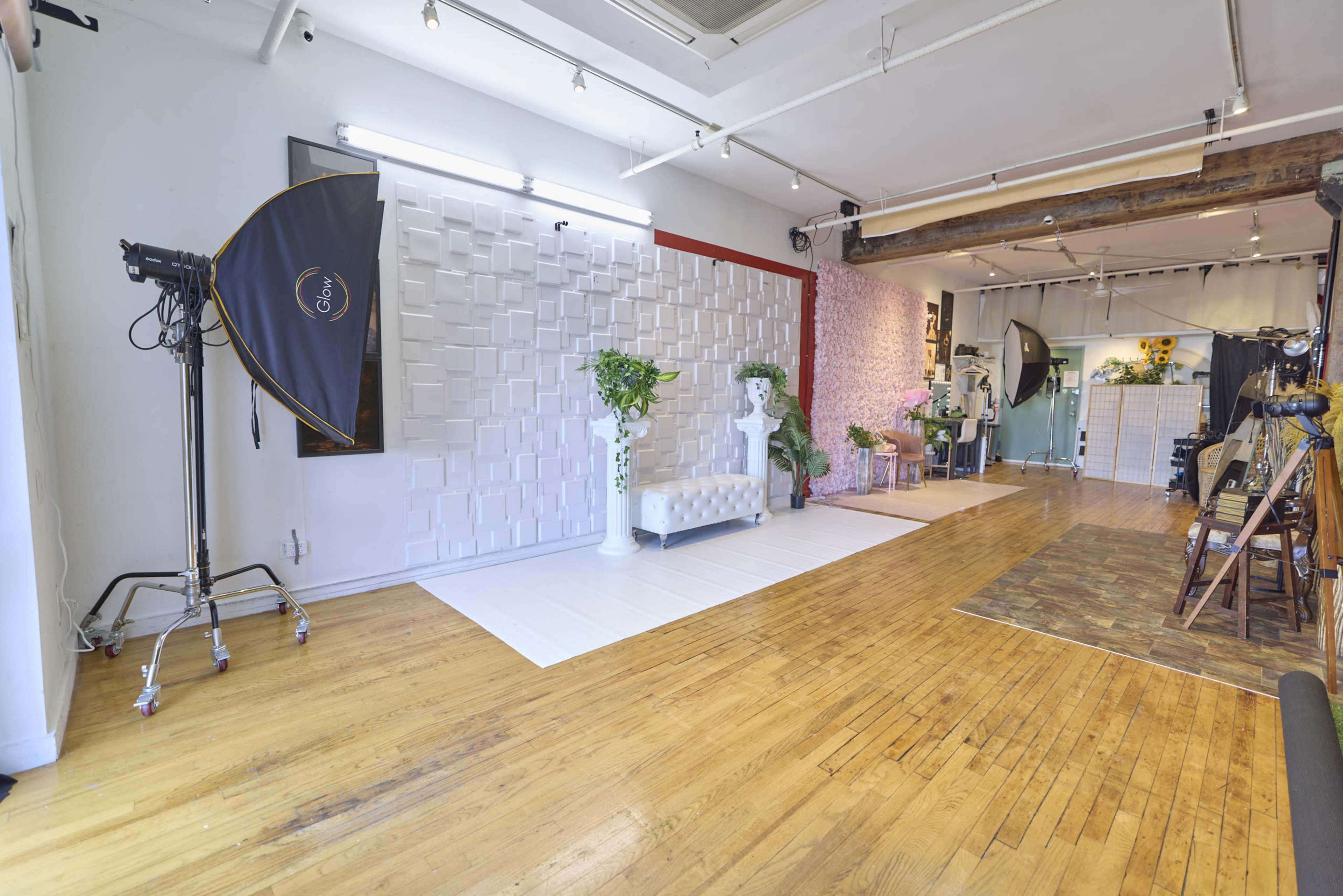 A spacious studio with white walls, various photography equipment, and a bench surrounded by decorative plants.