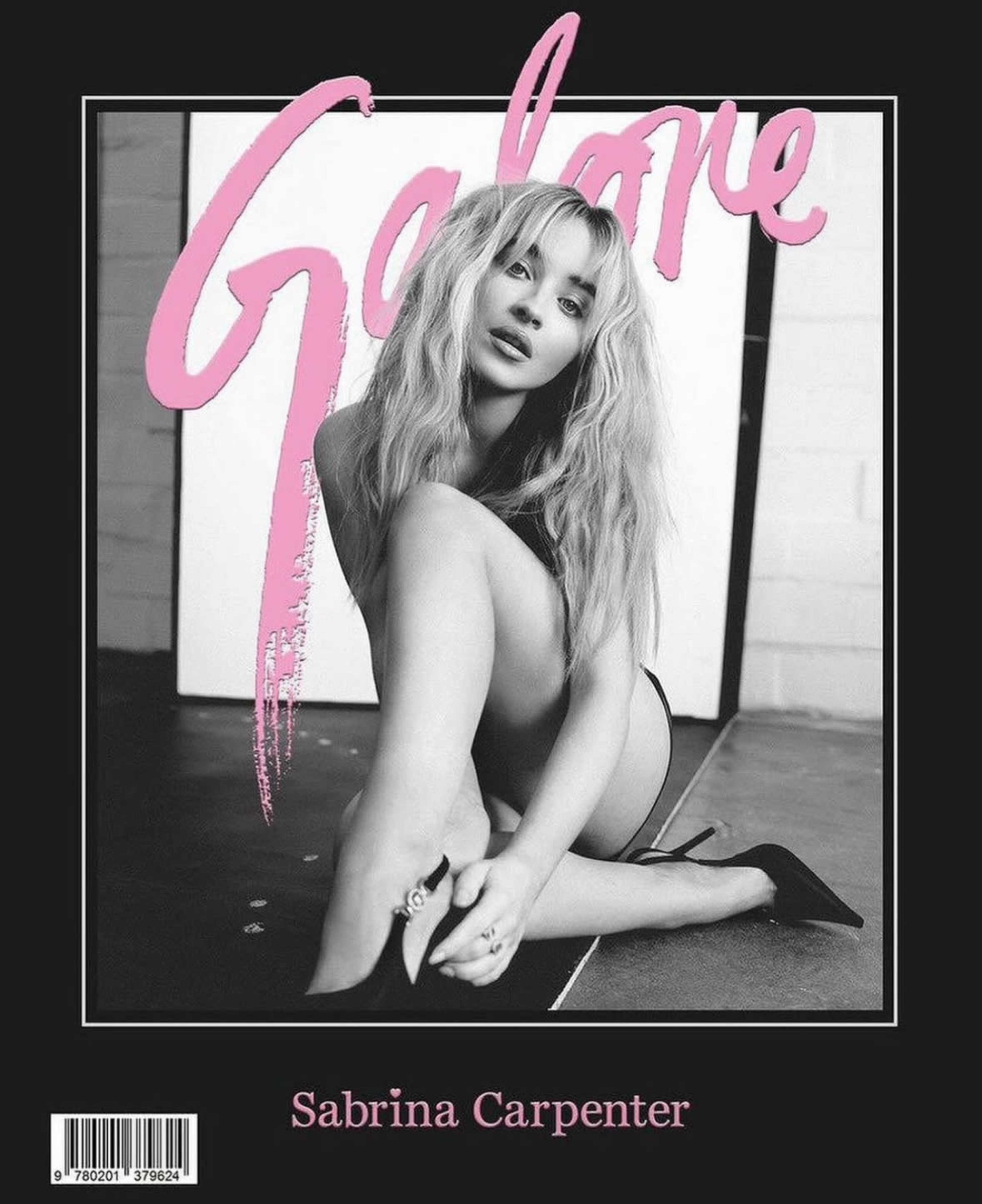 A woman seated on the floor in a pose, with text indicating it is a magazine cover for "Galore" featuring Sabrina Carpenter.