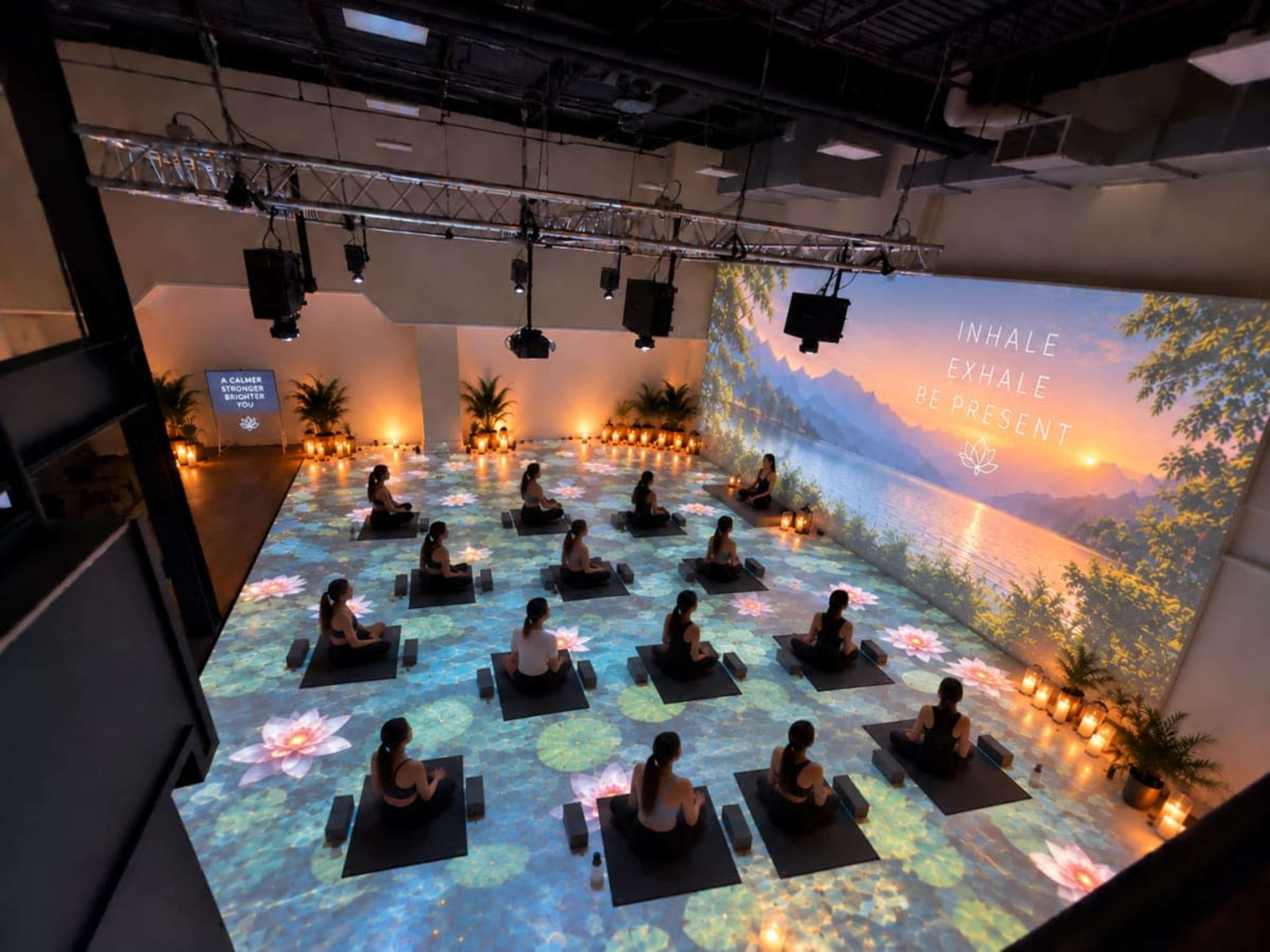 The image shows a yoga studio with multiple participants practicing yoga on mats while a serene projection of a lakeside landscape is displayed on the floor and walls, surrounded by candles and plants.
