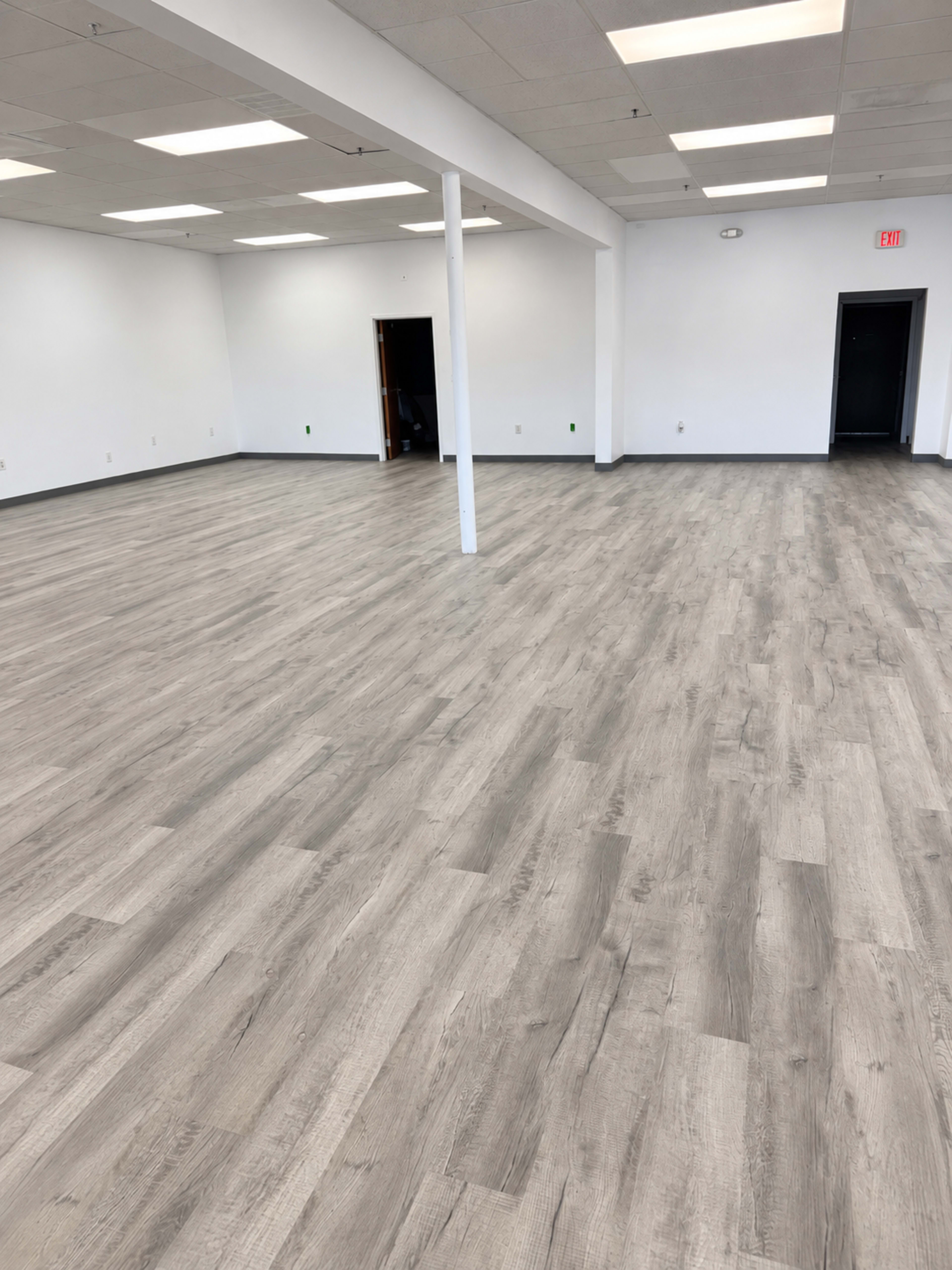 The image shows an empty room with gray wood-like flooring, white walls, and two doorways on the far wall.