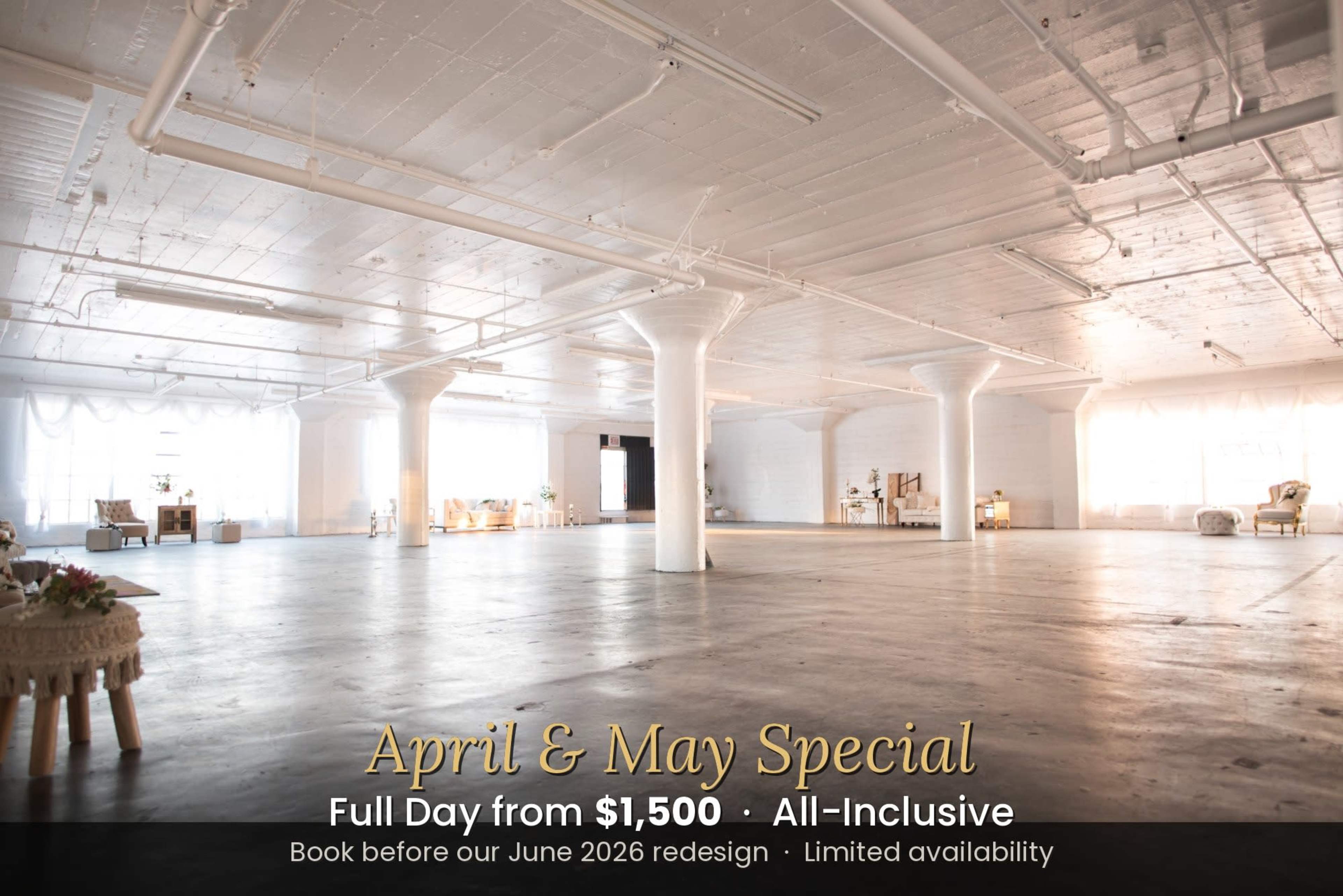 The image features a spacious, well-lit interior with white walls and large columns, accompanied by promotional text for a special event rental offer.