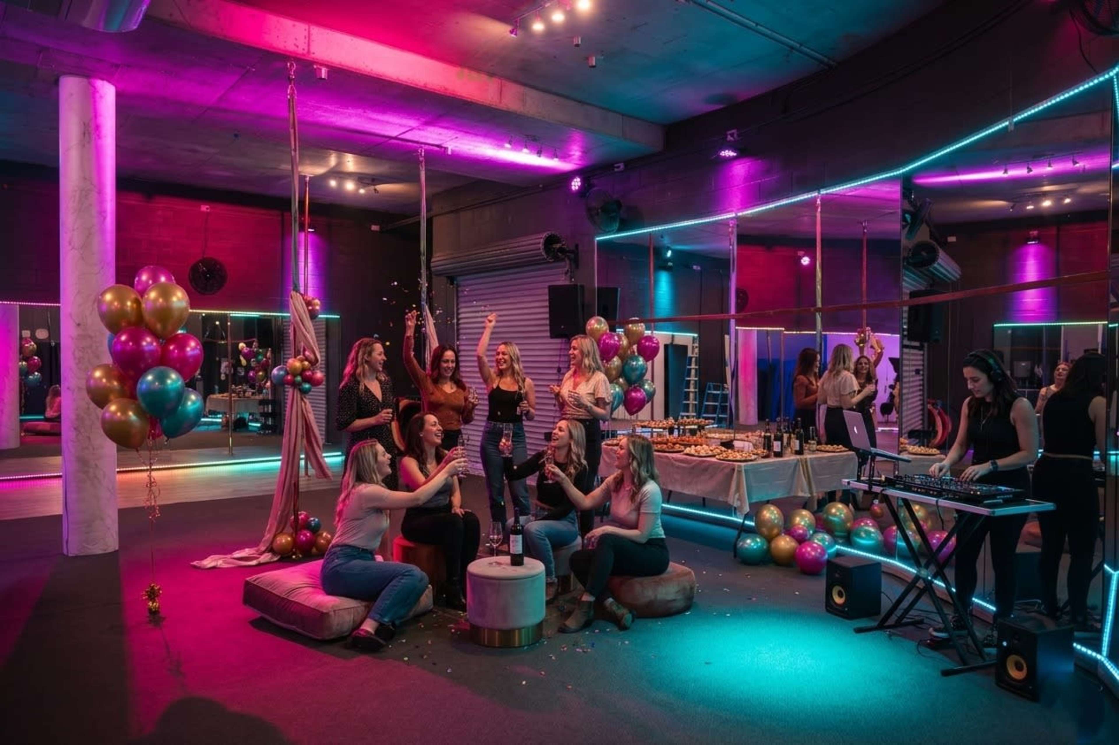 A group of women celebrate at a vibrant party in a modern venue decorated with balloons and colorful lighting, while enjoying snacks and drinks.