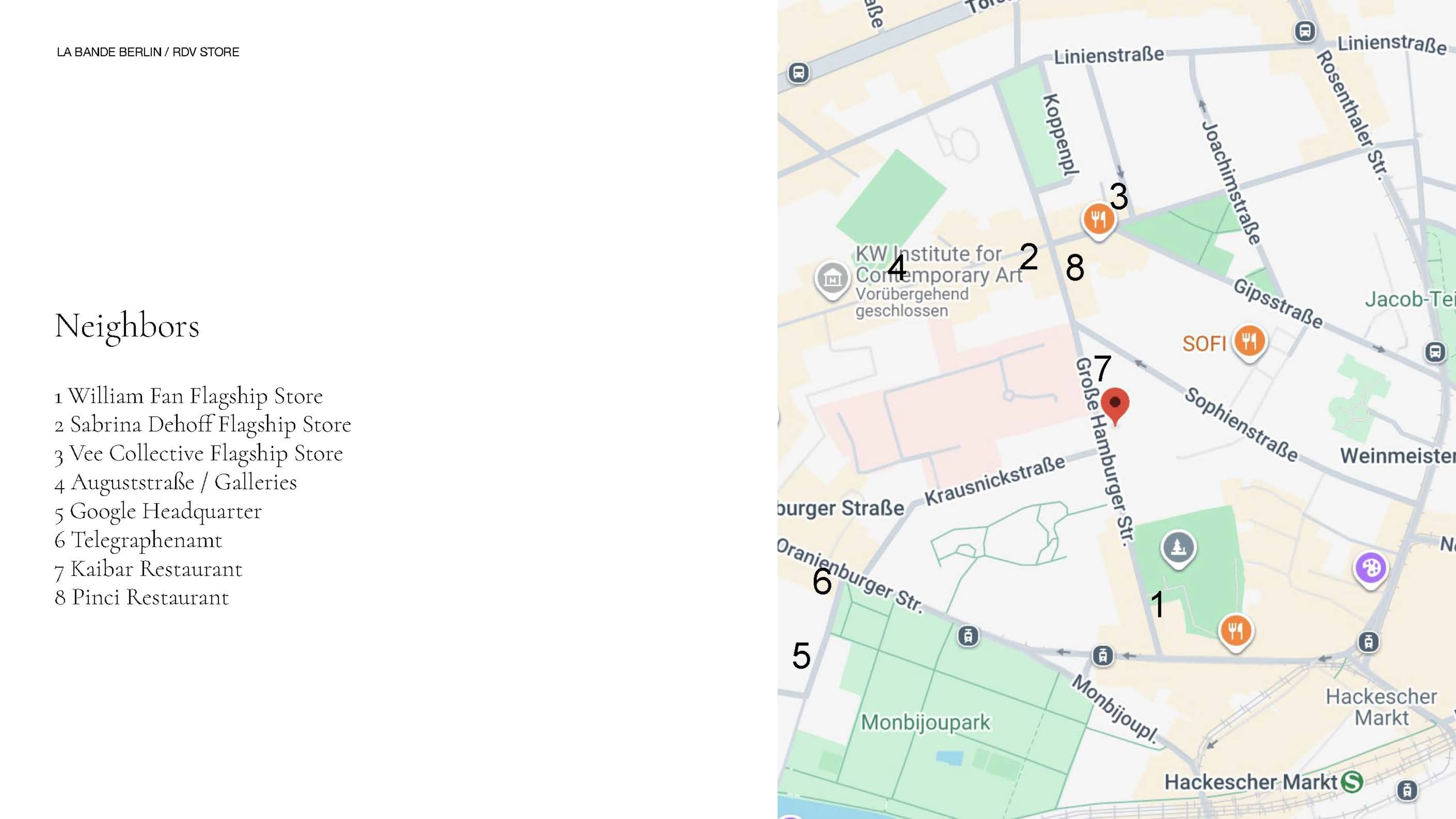 The image shows a map with a list of nearby locations, including various stores and a restaurant, related to a specific location labeled as "L'Ibanke Berlin Flagship Store."