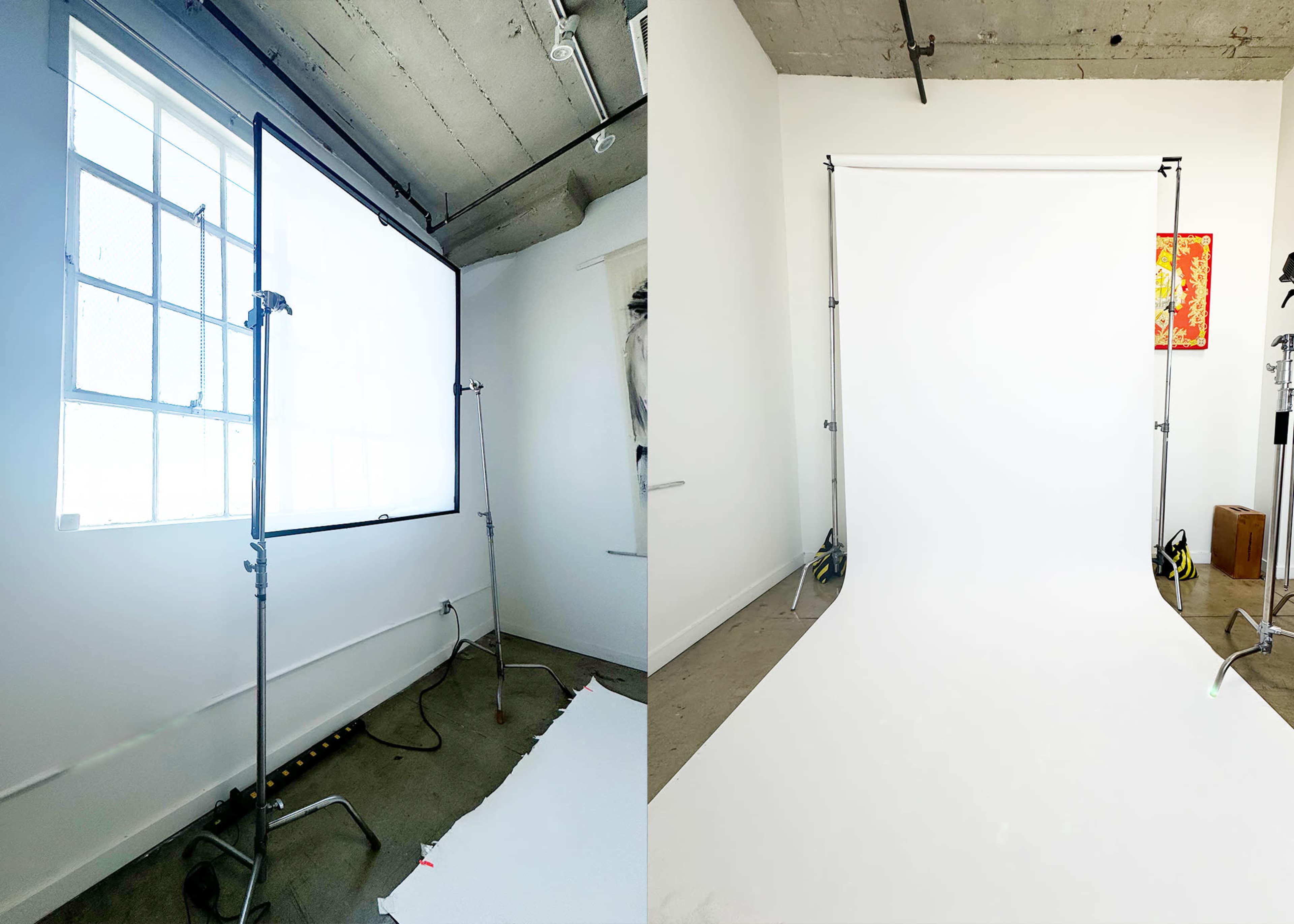 Two photography studio setups, one with a translucent backdrop and the other featuring a plain white backdrop.