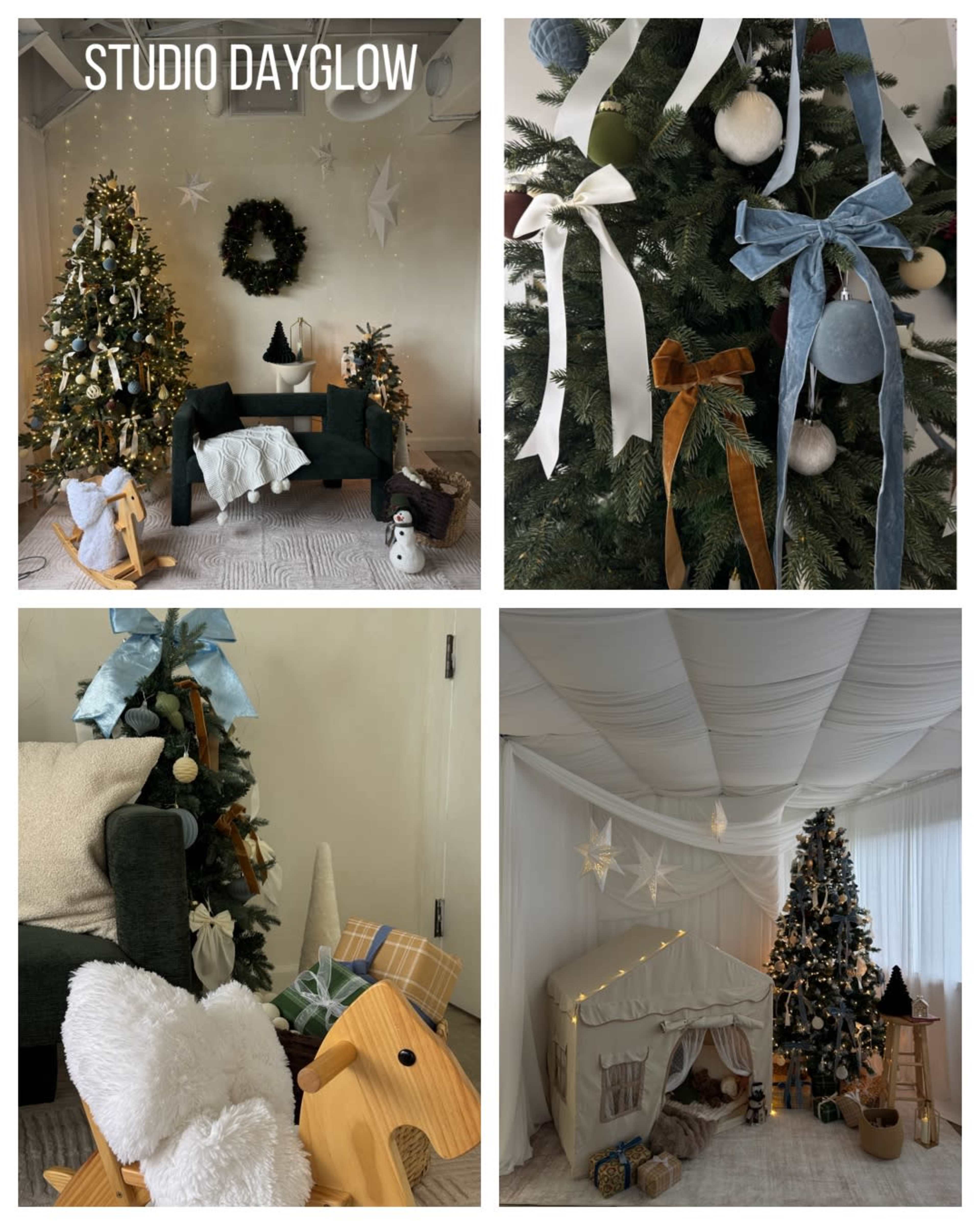 The image features a cozy indoor space decorated for the holidays, showcasing a Christmas tree adorned with ribbons, a wreath, festive ornaments, and a seating area with a plush sofa.