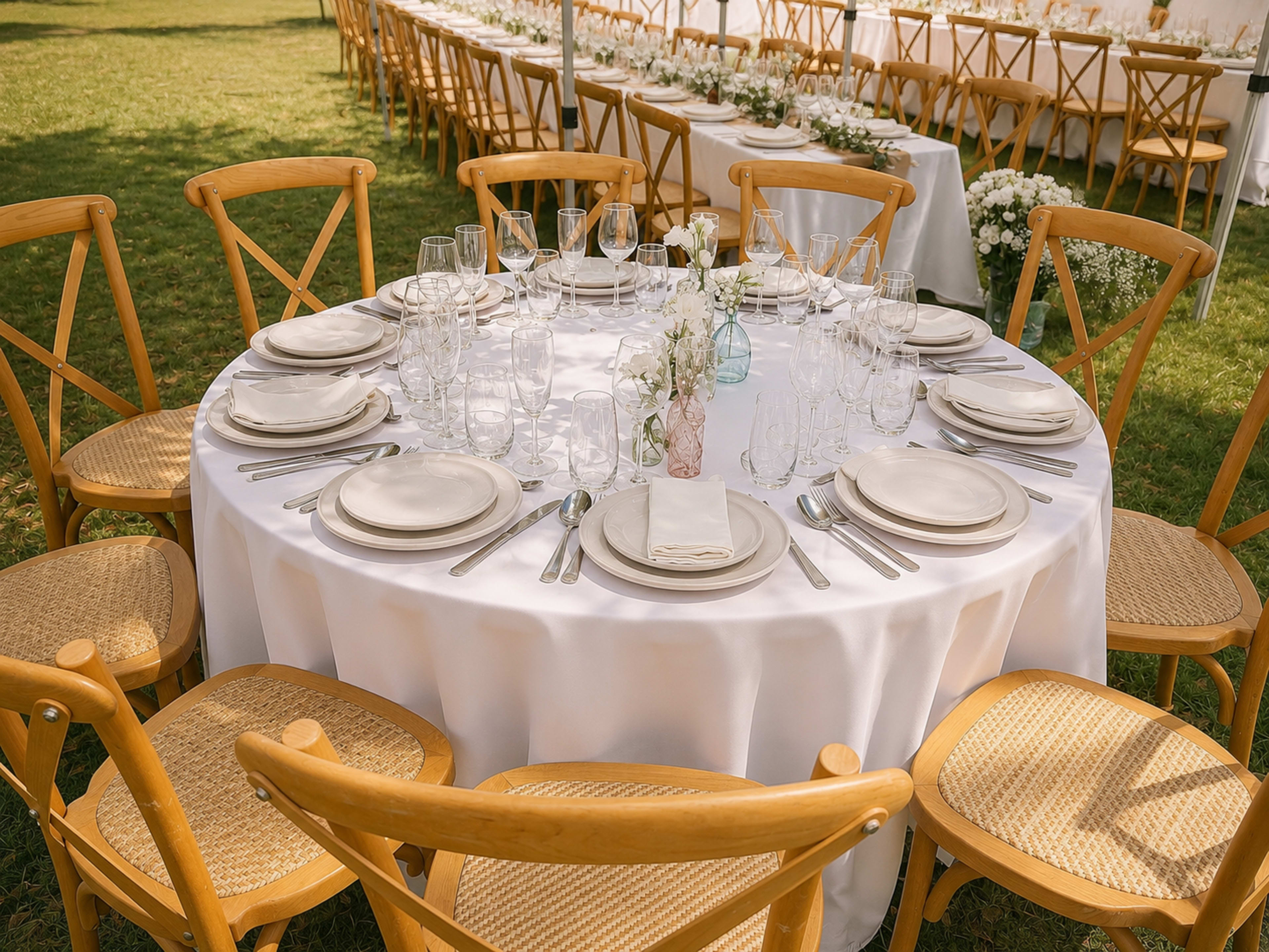 A round dining table is set with elegant tableware, glasses, and floral decor, surrounded by wooden chairs on a green lawn.