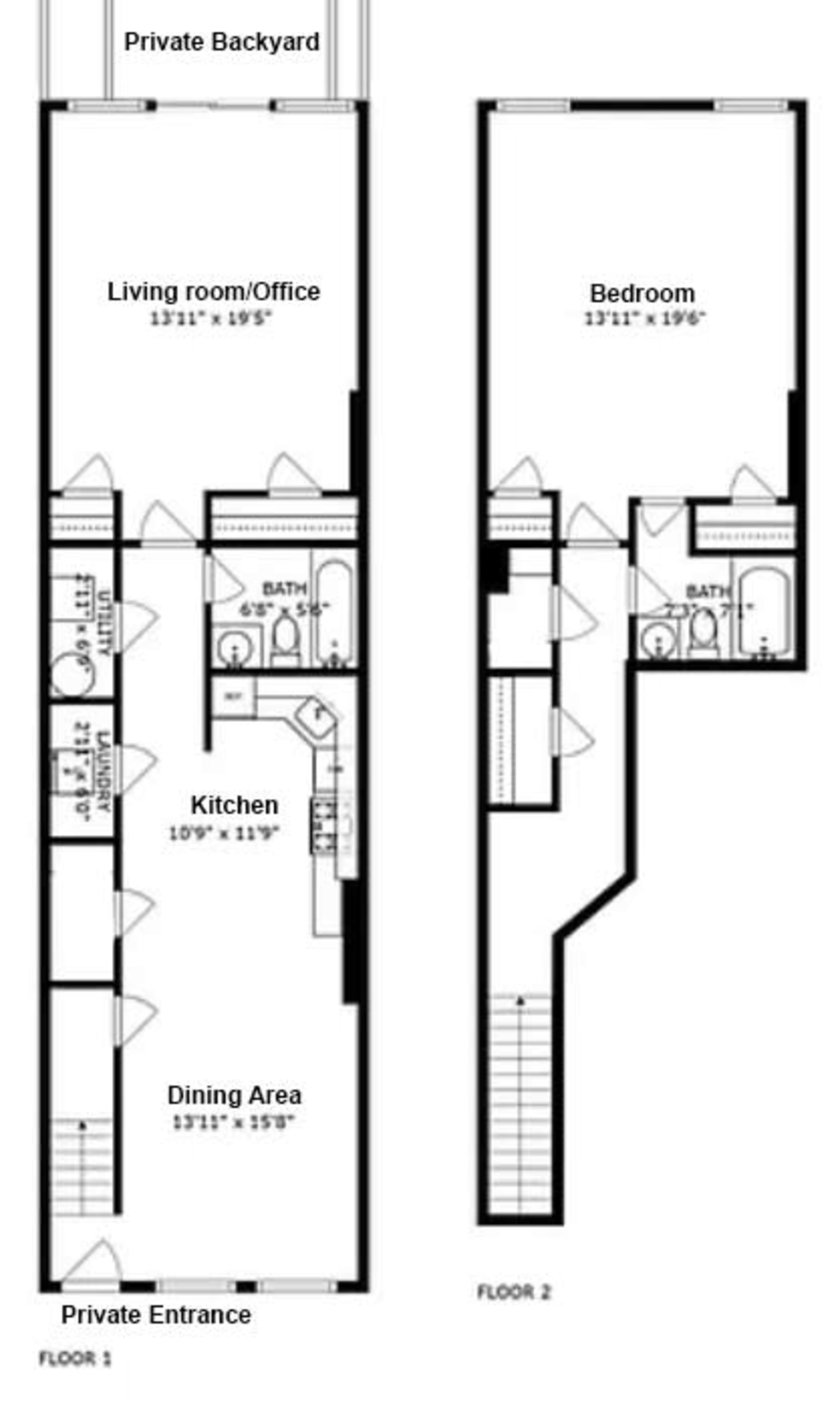 The image shows a floor plan of a two-story residence, detailing rooms such as a private entrance, kitchen, dining area, living room/office, bedroom, and bathrooms.