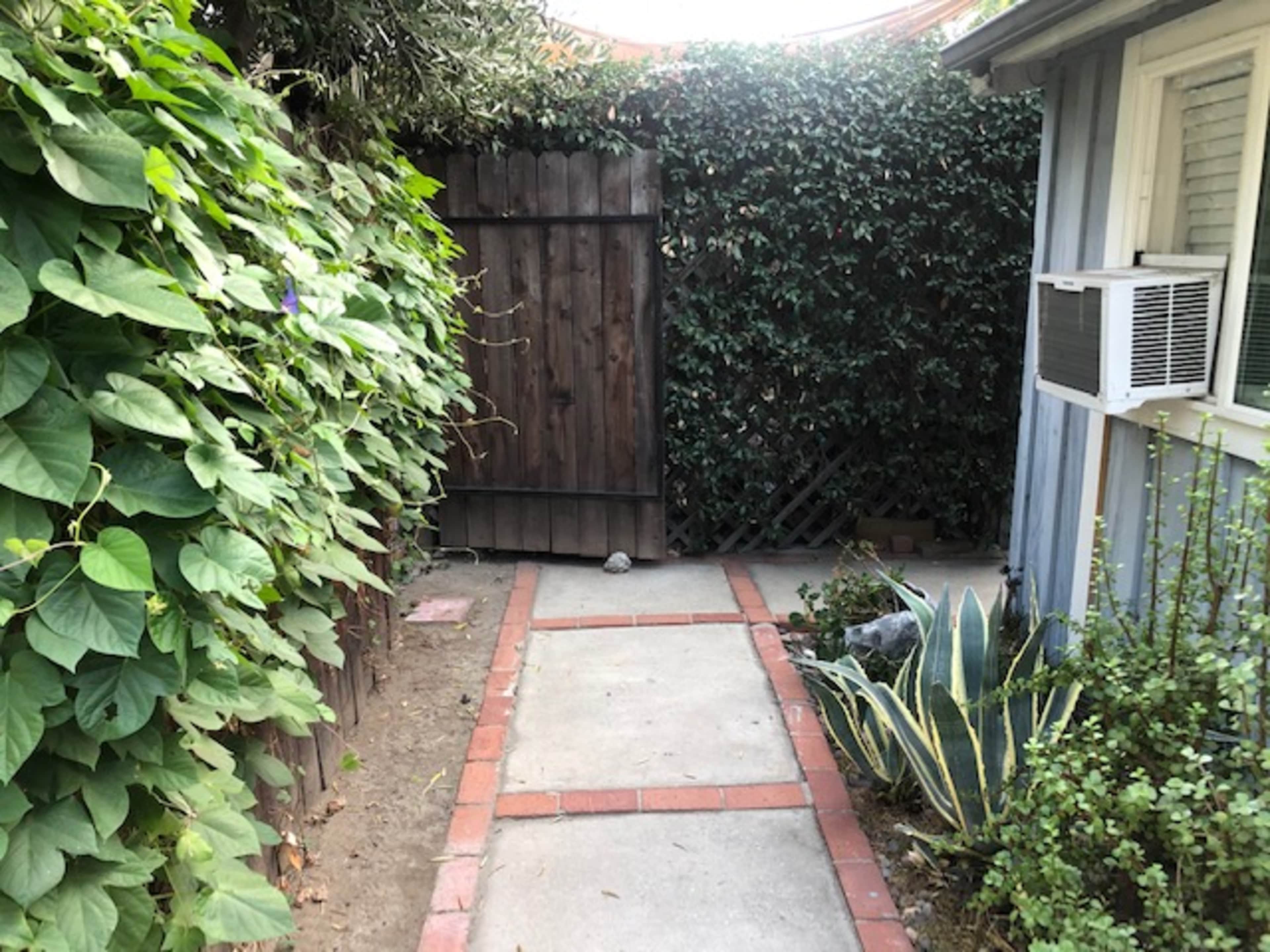 A concrete pathway bordered by plants leads to a wooden gate at the end of the passage.