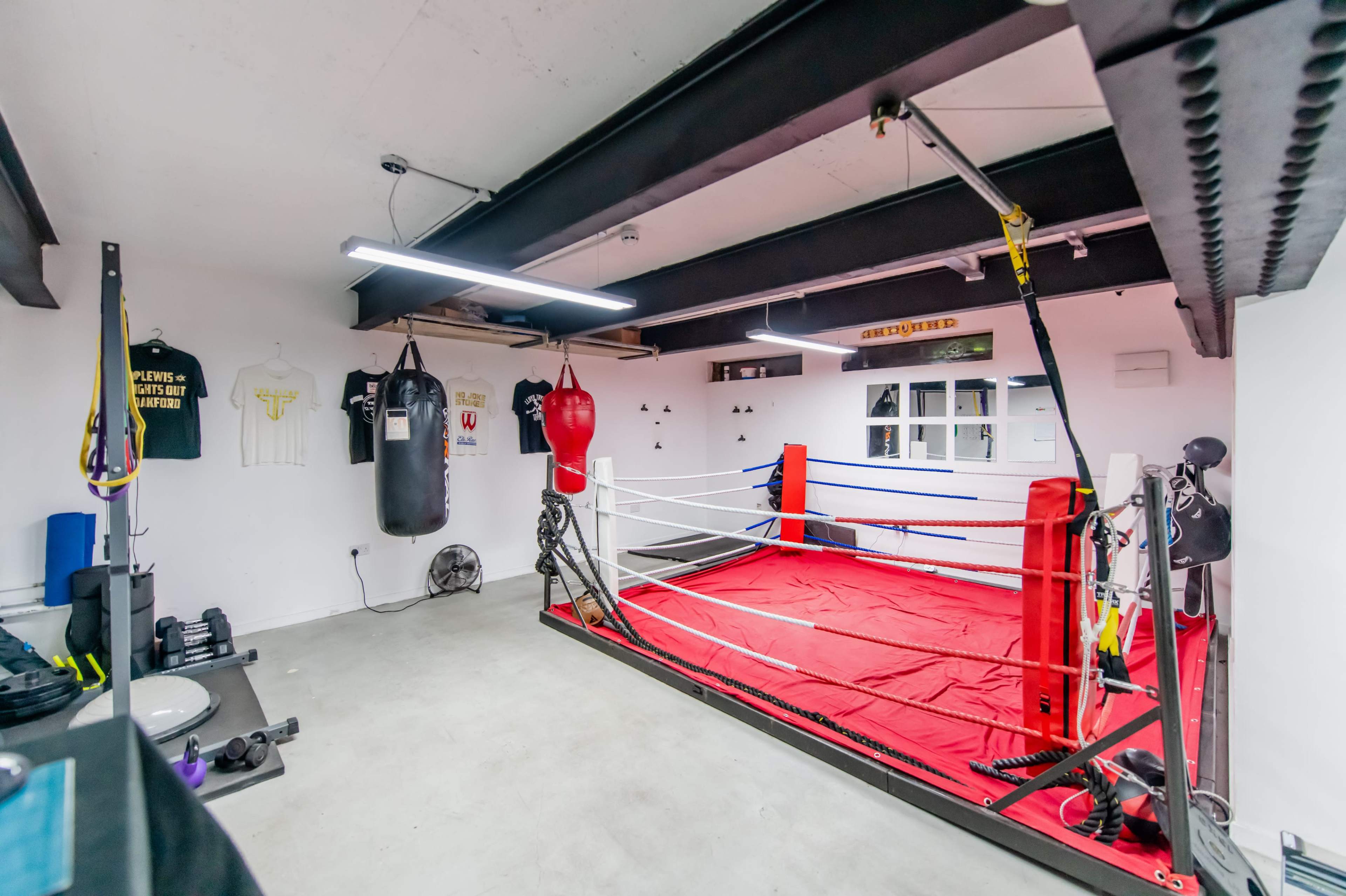 A boxing training gym featuring a red boxing ring, punching bags, workout equipment, and training gear on the walls.