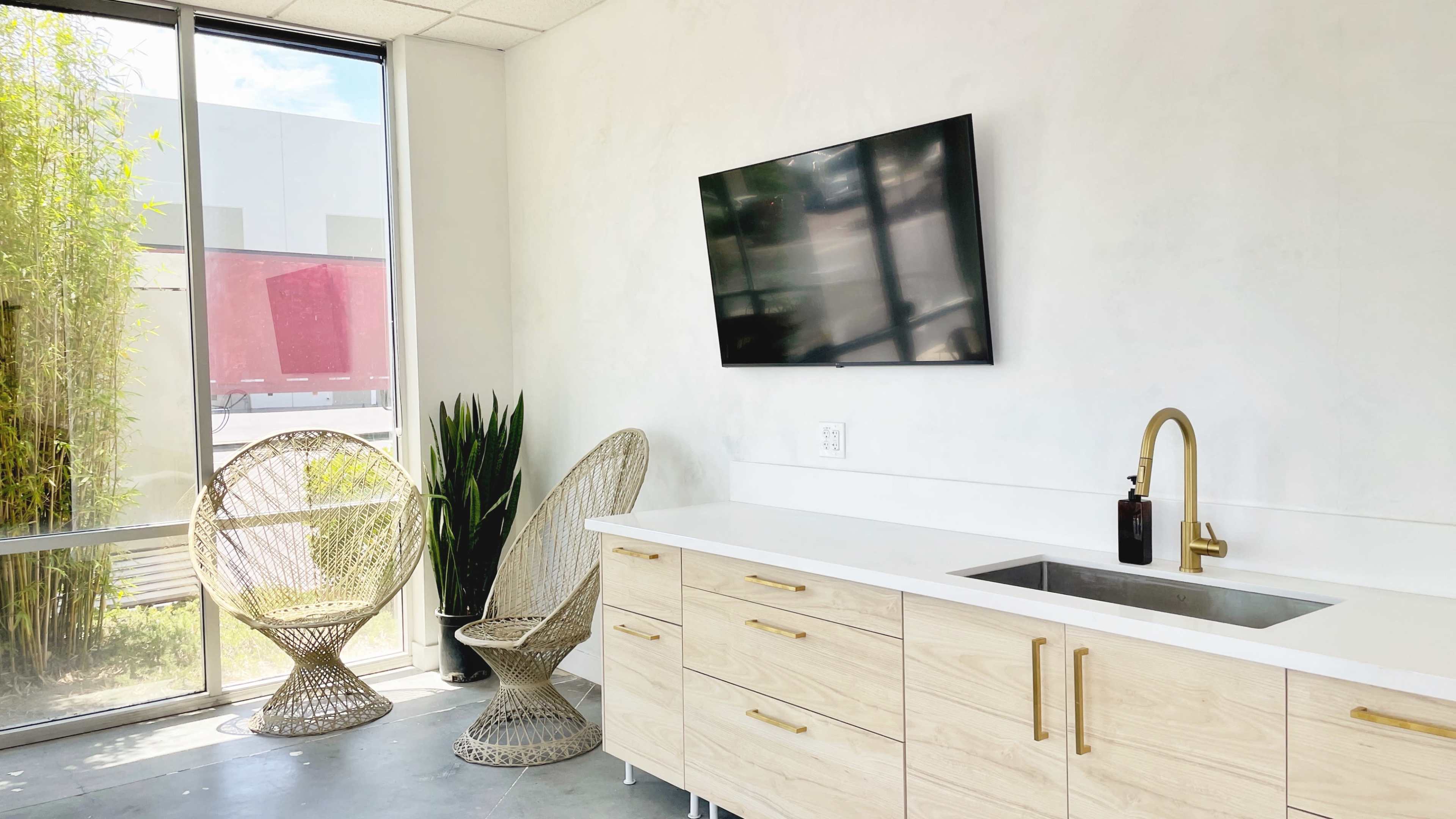 A modern interior with a wooden cabinet, a sink, a television mounted on the wall, and two woven chairs beside a tall plant and a large window.