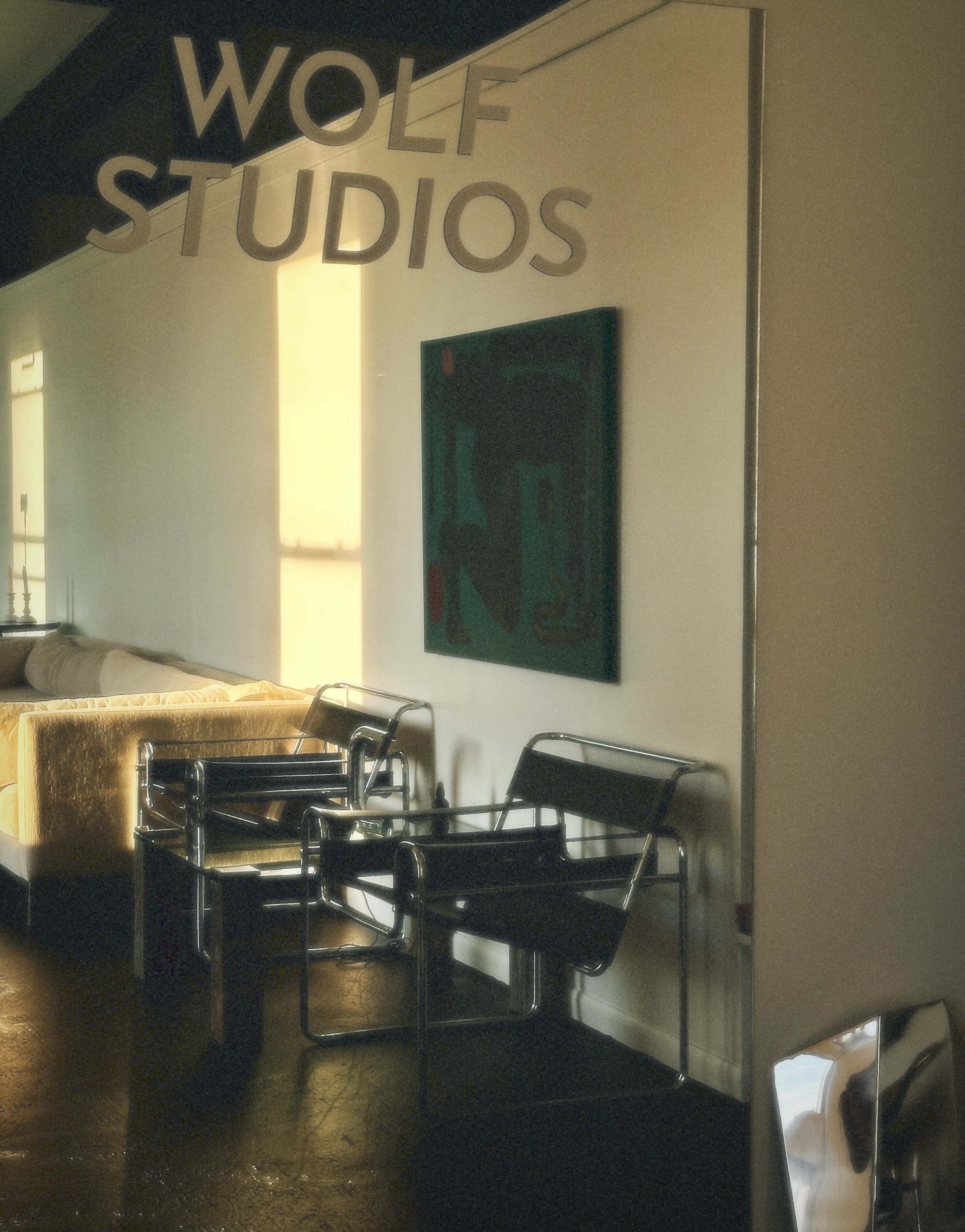 The image shows a modern studio entrance with the text "WOLF STUDIOS" reflected in a mirror, two black chairs, and a piece of abstract art on the wall.