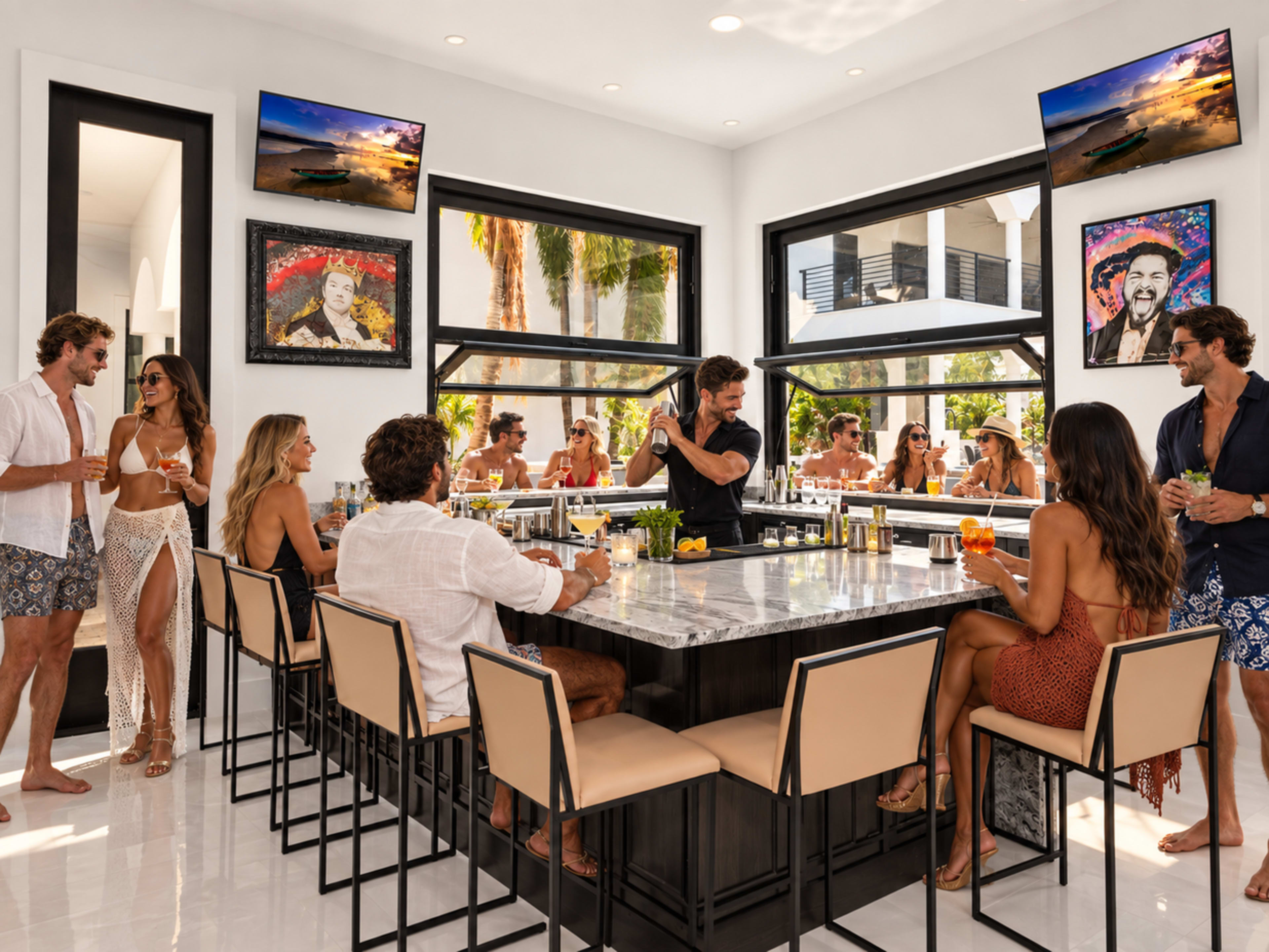 A group of people socializes at a modern bar in a brightly lit room adorned with artwork.