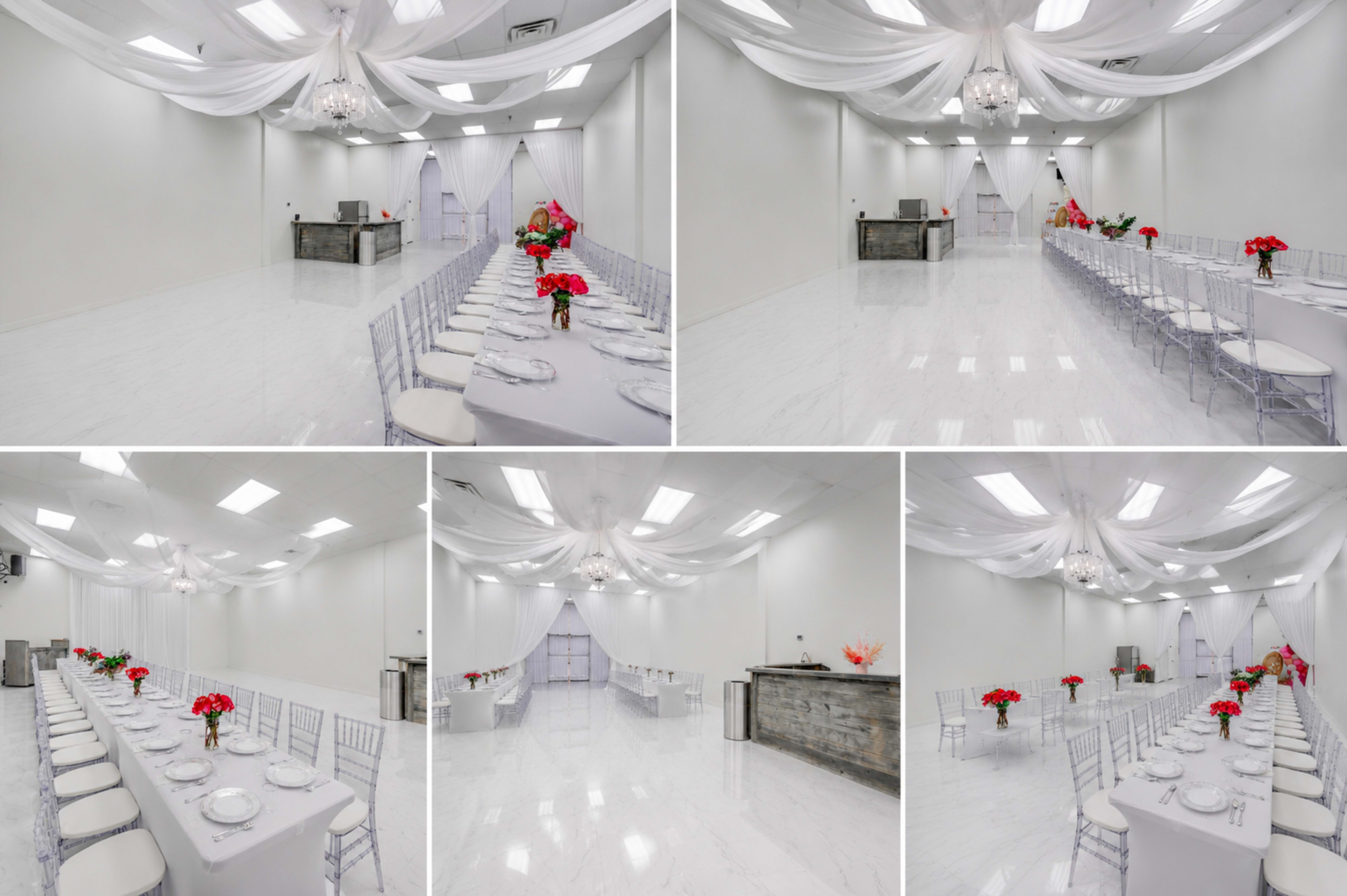 The image shows a large, elegantly arranged event space with long tables set for a formal gathering, decorated with red floral centerpieces and sheer drapery overhead.