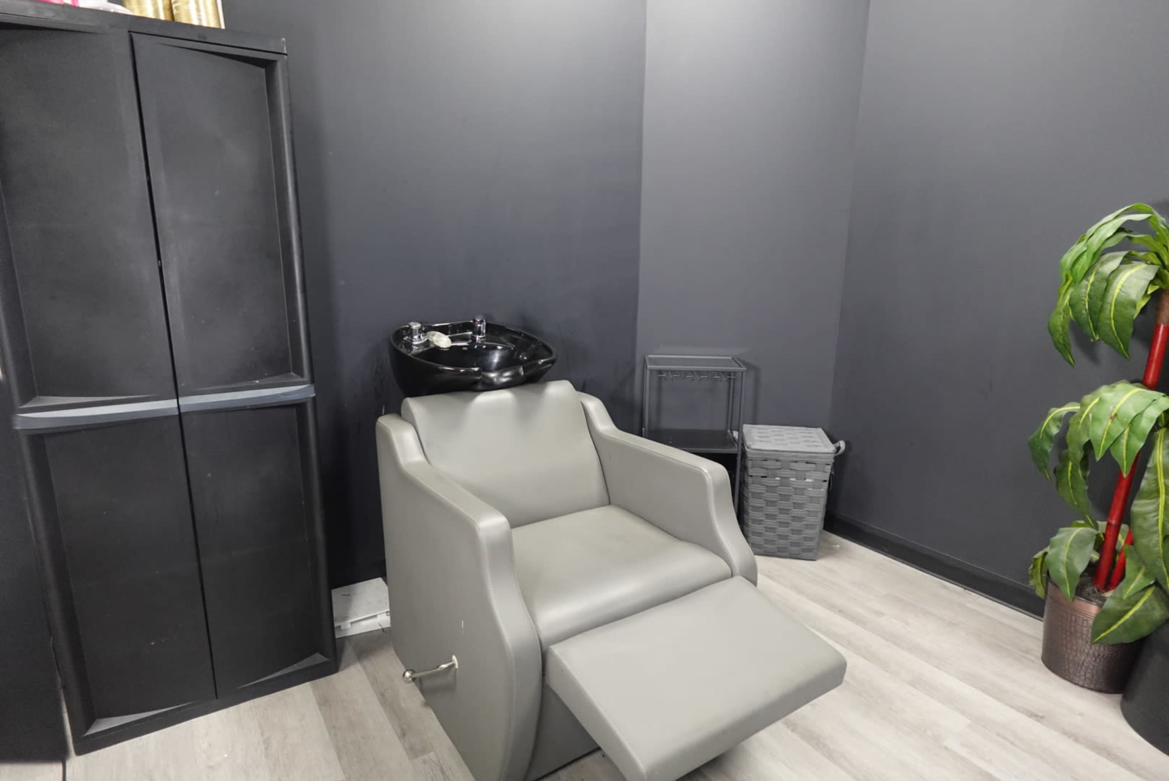 The image shows a salon area with a gray shampoo chair, a black sink, a storage cabinet, and a potted plant against dark gray walls.
