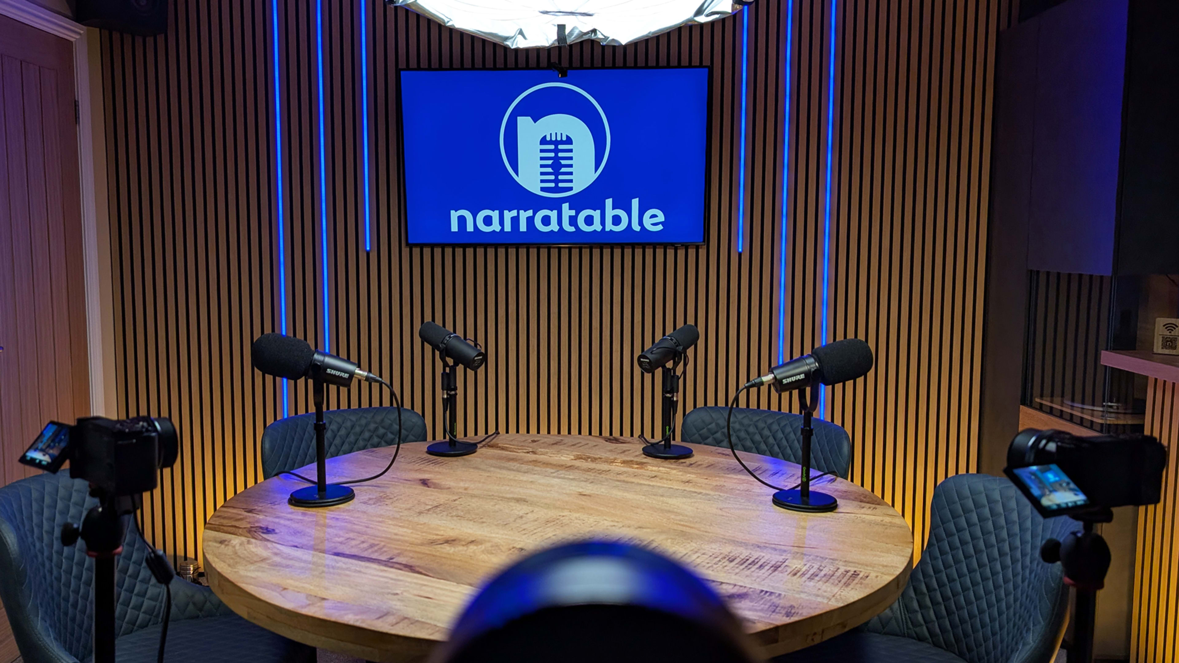 Podcast Studio with numerous environments to record in, including a Bar, Sofa area and a round table complete with TV and RGB lighting for Branding Image in Congleton, Congleton, ENG