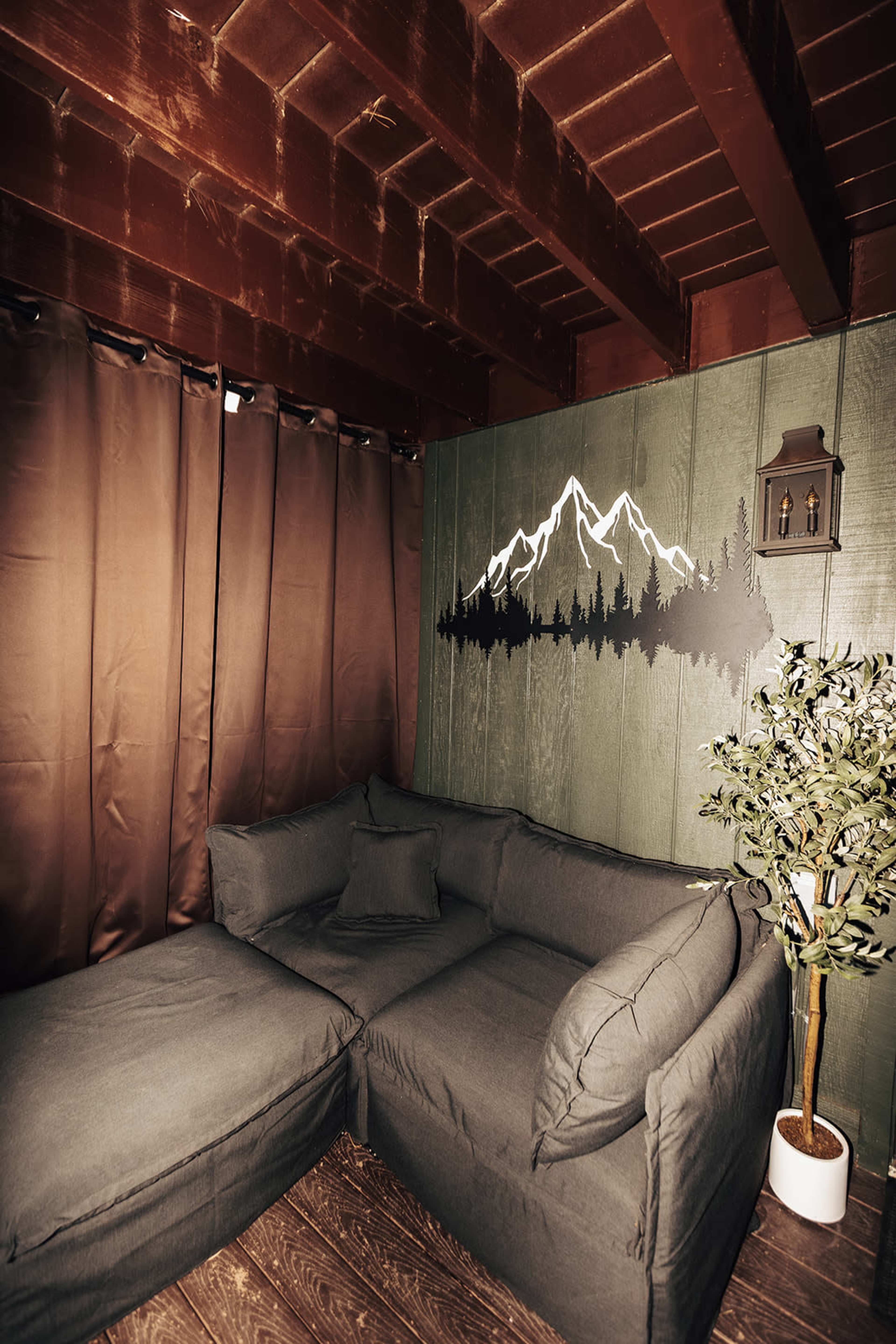The image shows a cozy corner of a room with a dark sectional sofa, a decorative mountain mural on the wall, and a potted plant.