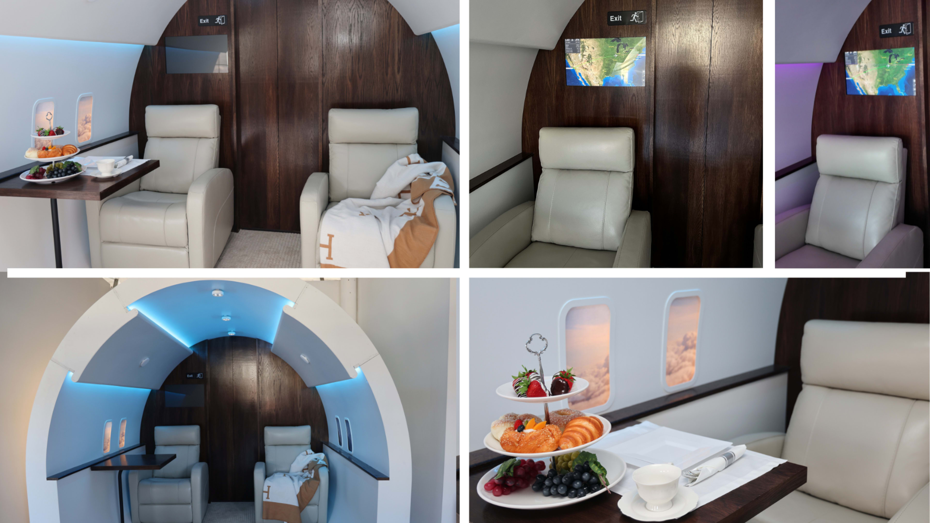 A luxurious private jet interior with reclining leather seats, elegant dining setups, and ambient lighting.