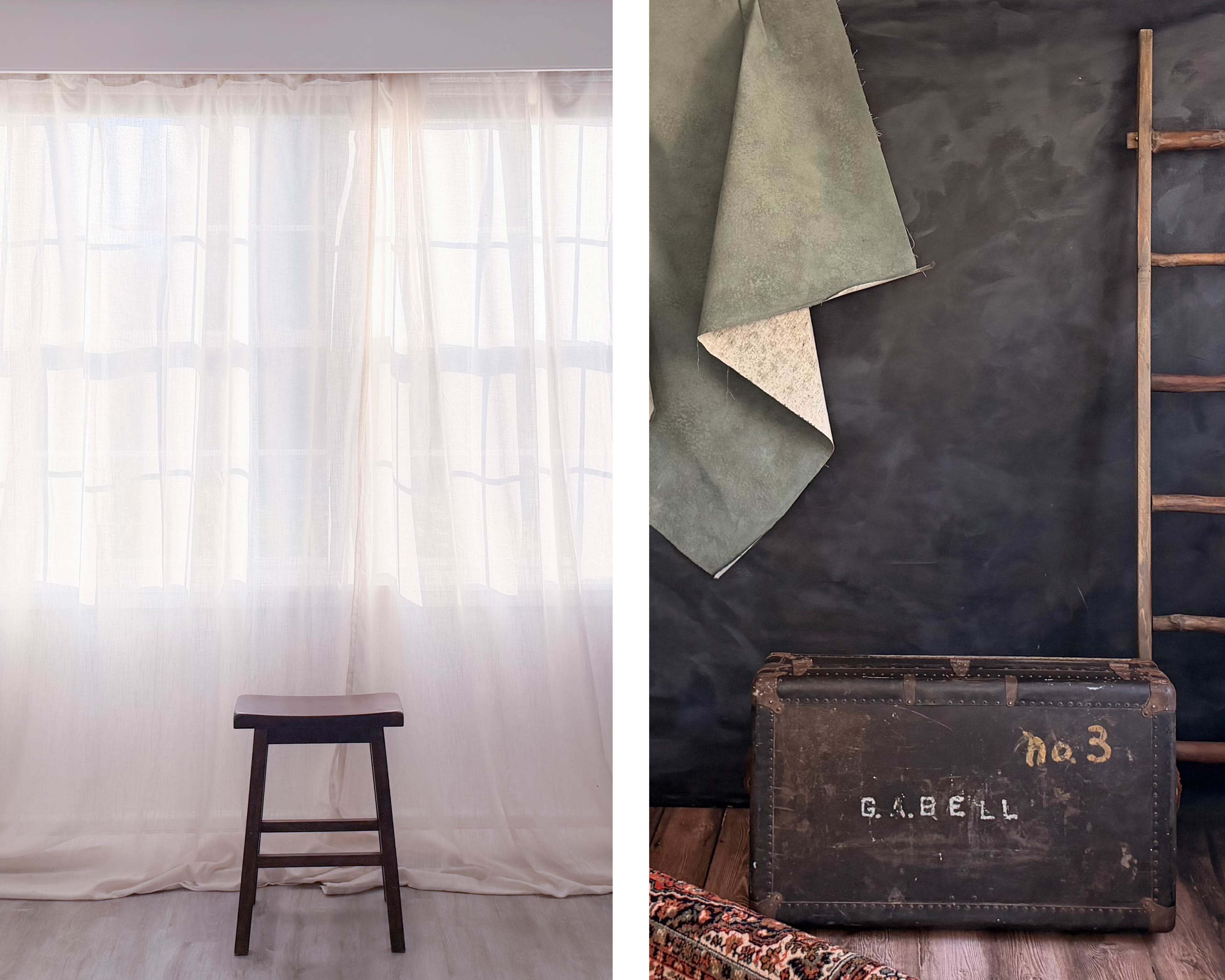 The image is divided into two sections: the left shows a simple wooden stool in front of sheer white curtains, while the right features a vintage trunk marked "G.A.BELL," positioned near a ladder and draped cloth against a dark background.