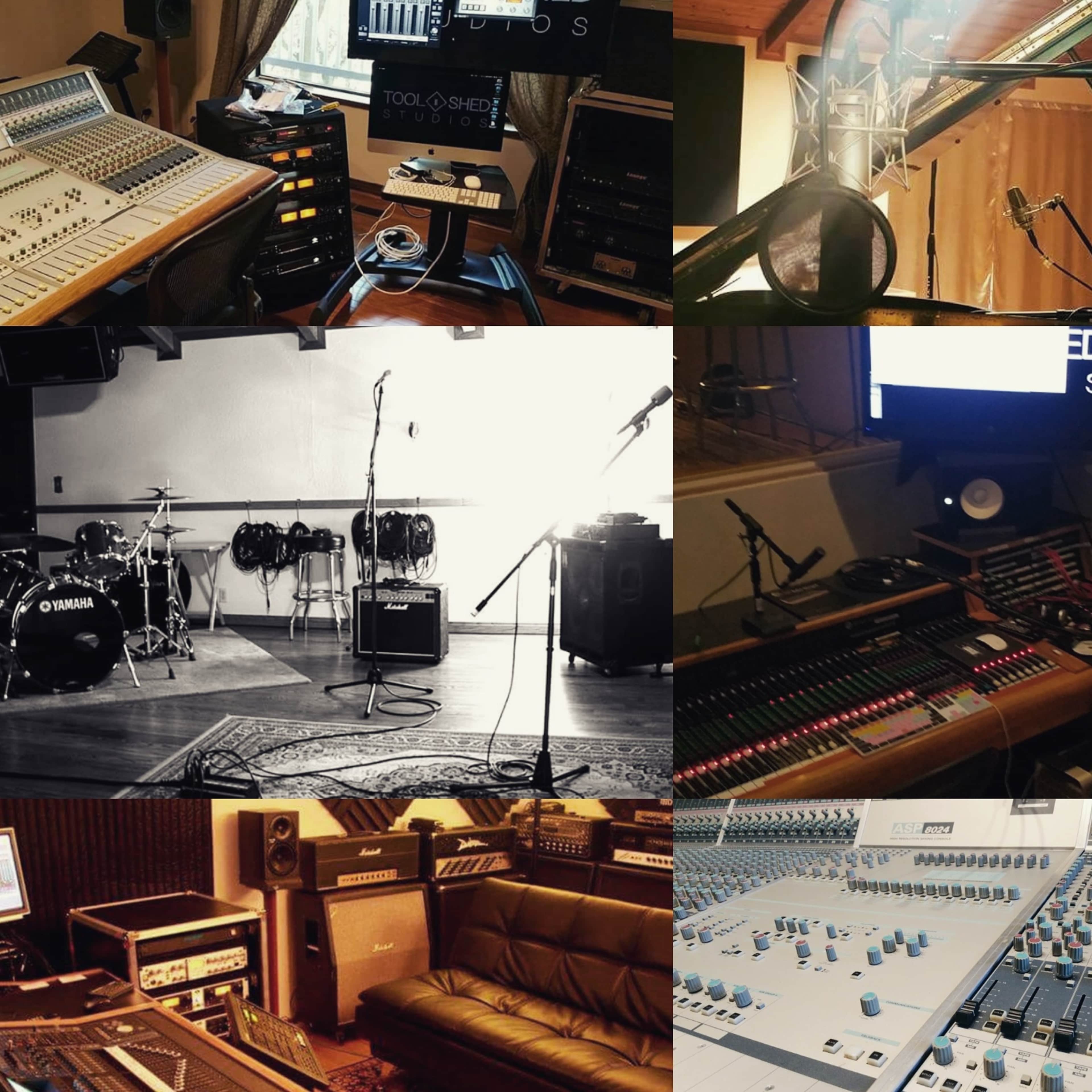 Various recording studio setups, including mixing consoles, microphones, musical instruments, and soundproofed rooms.