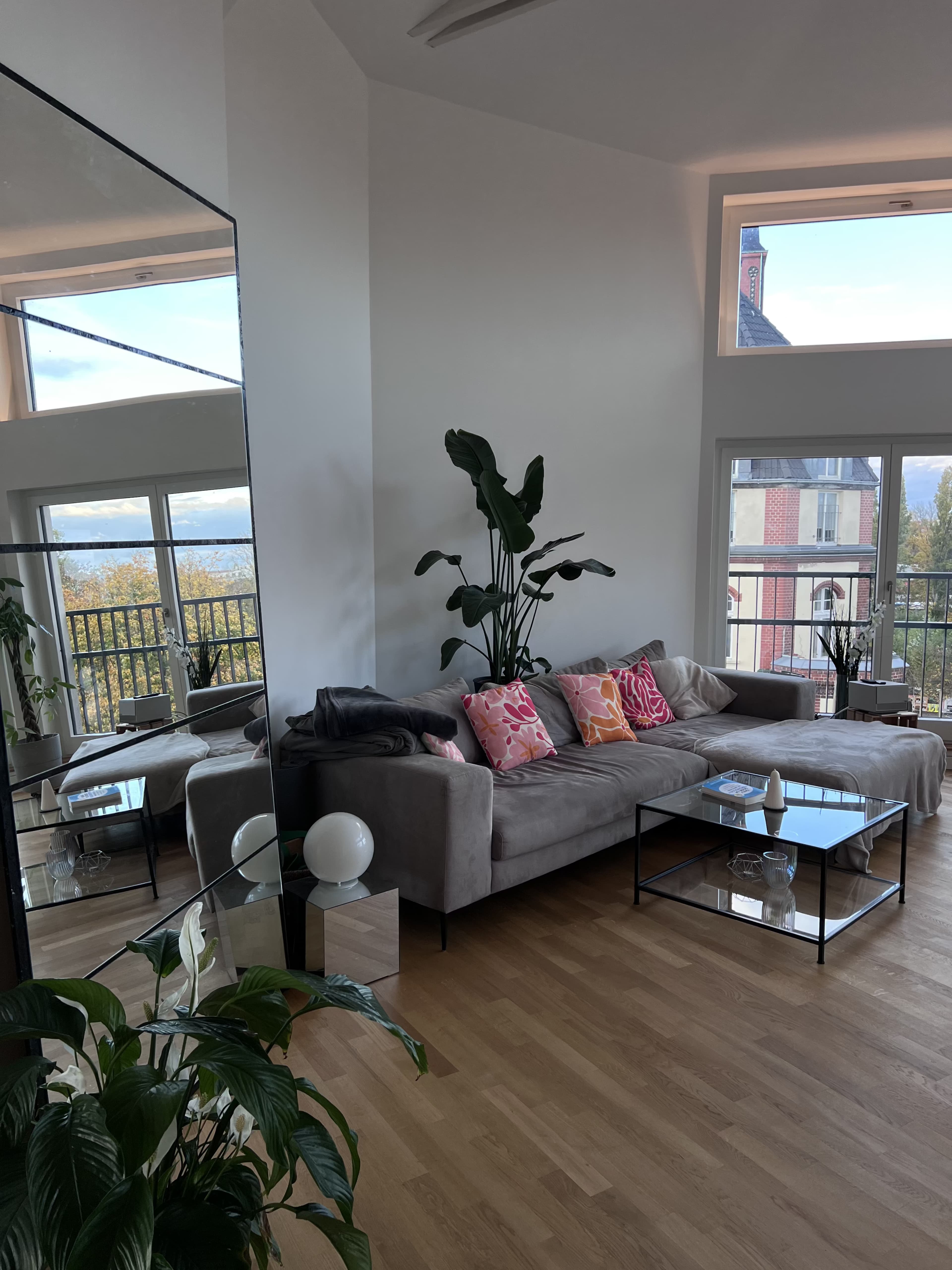 A modern living room features a large gray sofa with colorful cushions, a glass coffee table, and a tall plant, all set against a backdrop of large windows.