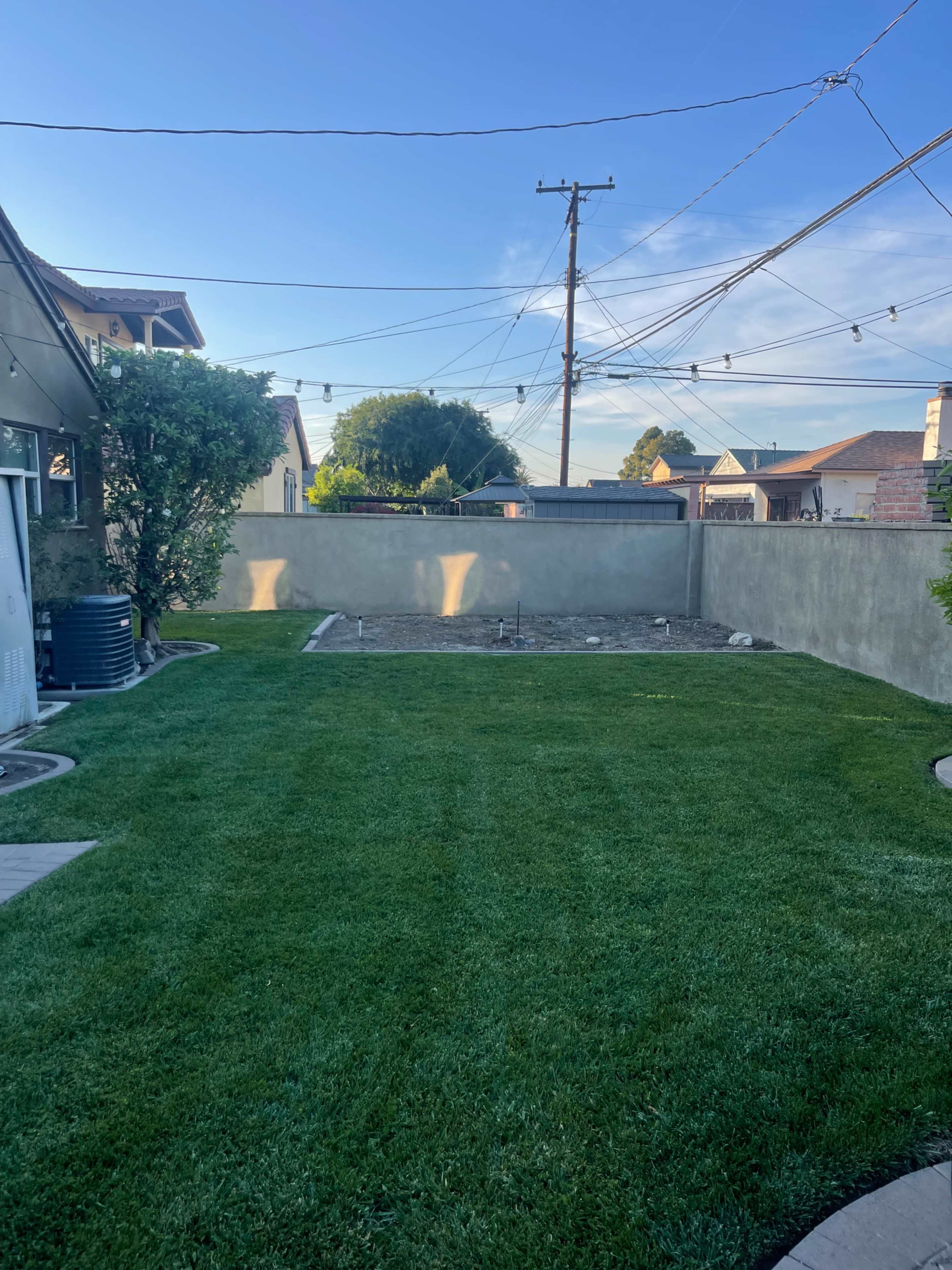 The image shows a grassy backyard with a concrete walkway and a walled perimeter, featuring utility poles in the background and a section of bare ground.