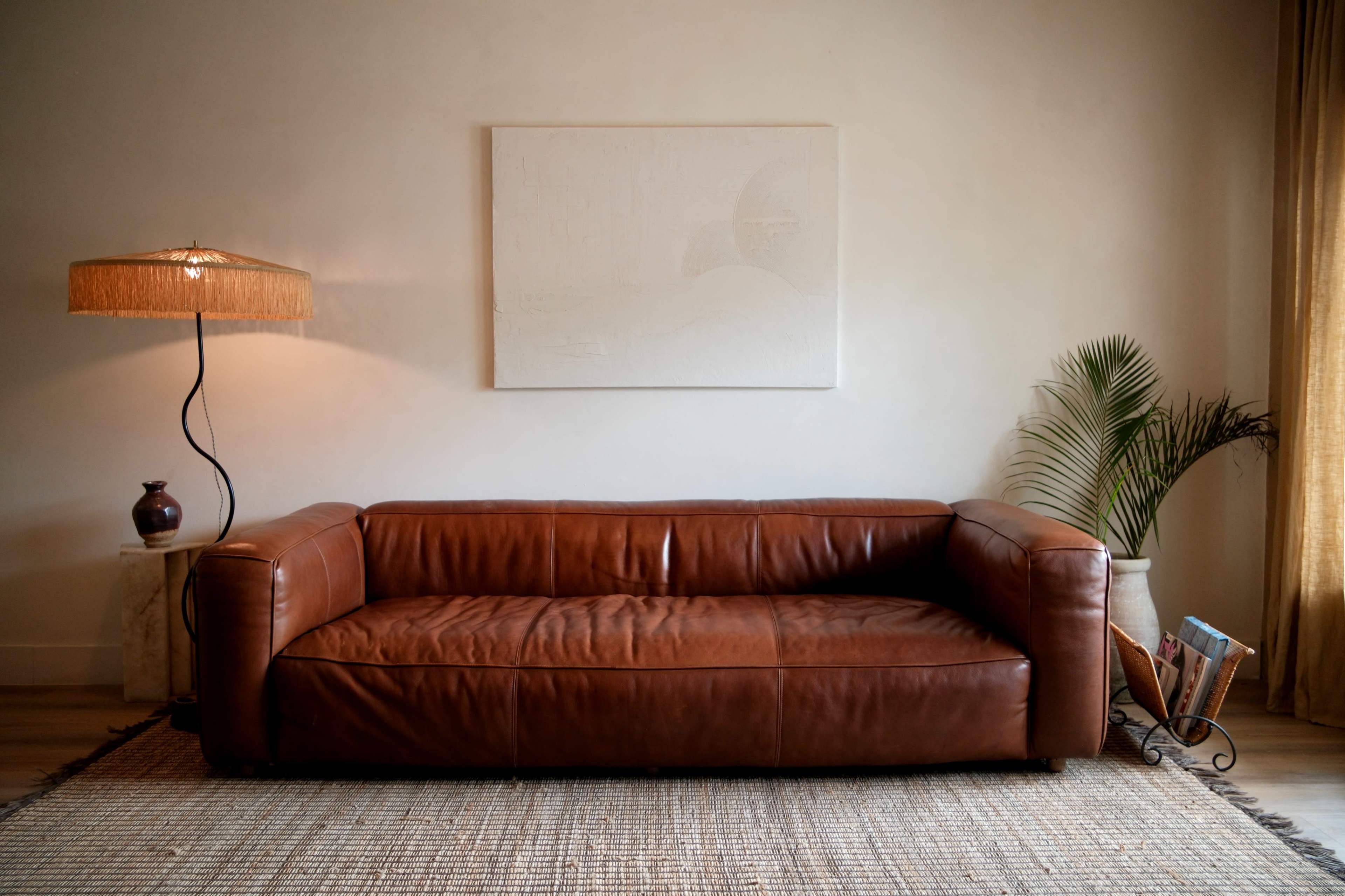 The image shows a brown leather sofa positioned against a light-colored wall, accompanied by a standing lamp and a decorative plant nearby.