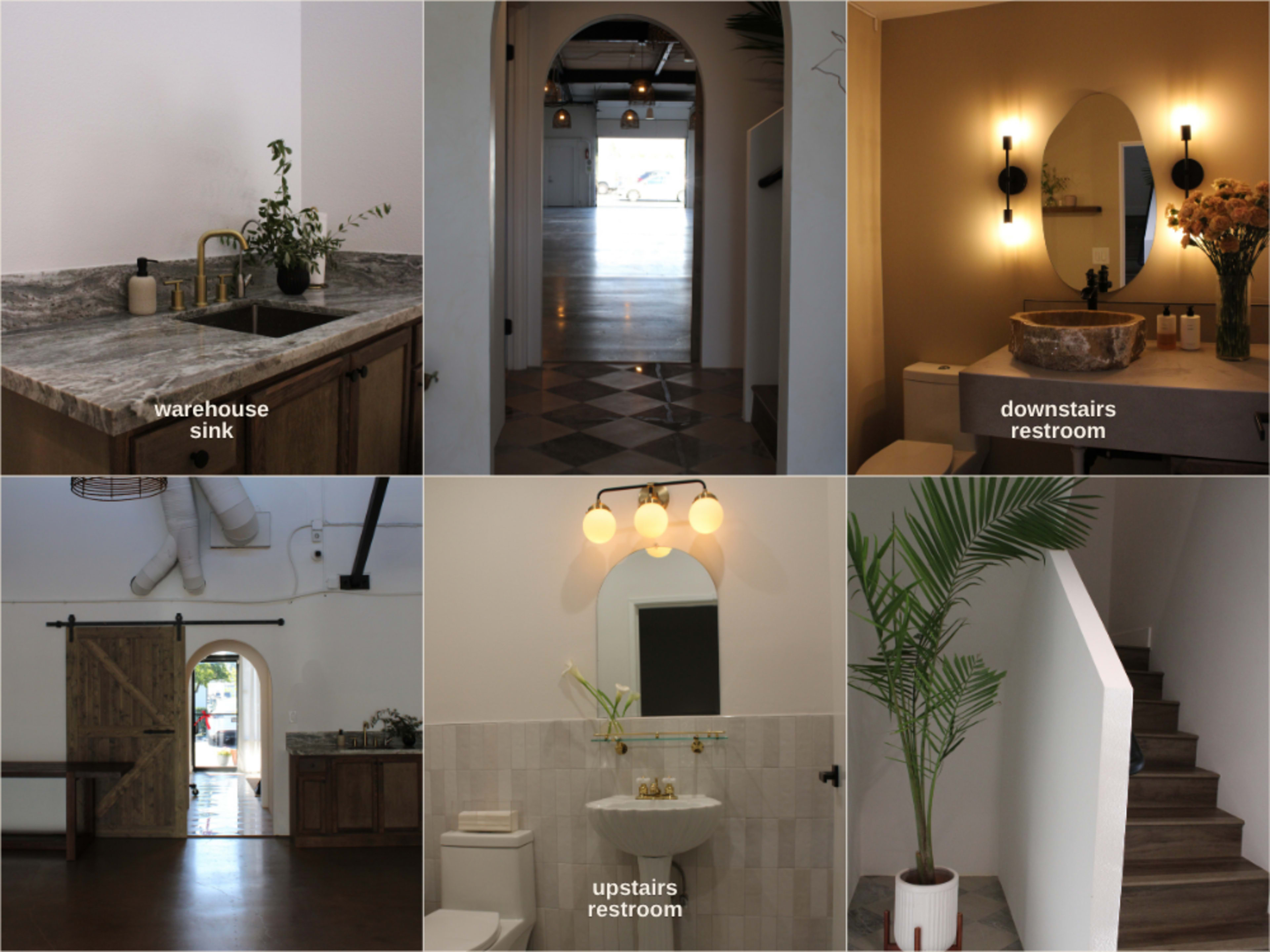 The image displays various interior spaces, including a warehouse sink, two restrooms (downstairs and upstairs), and a staircase, showcasing a blend of functional areas and design elements.