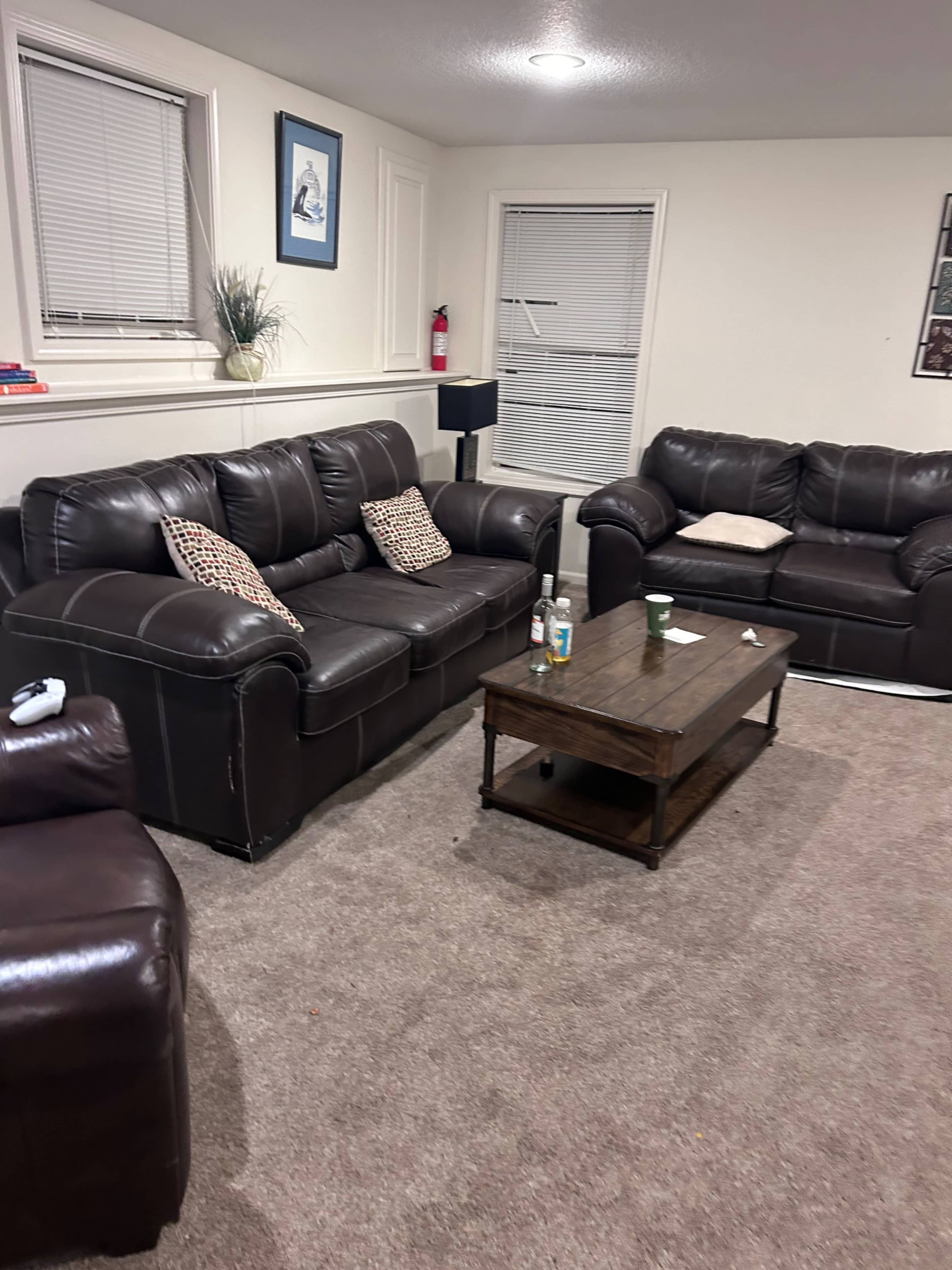 The image shows a living room with dark leather sofas, a wooden coffee table in the center, and beige carpet on the floor.